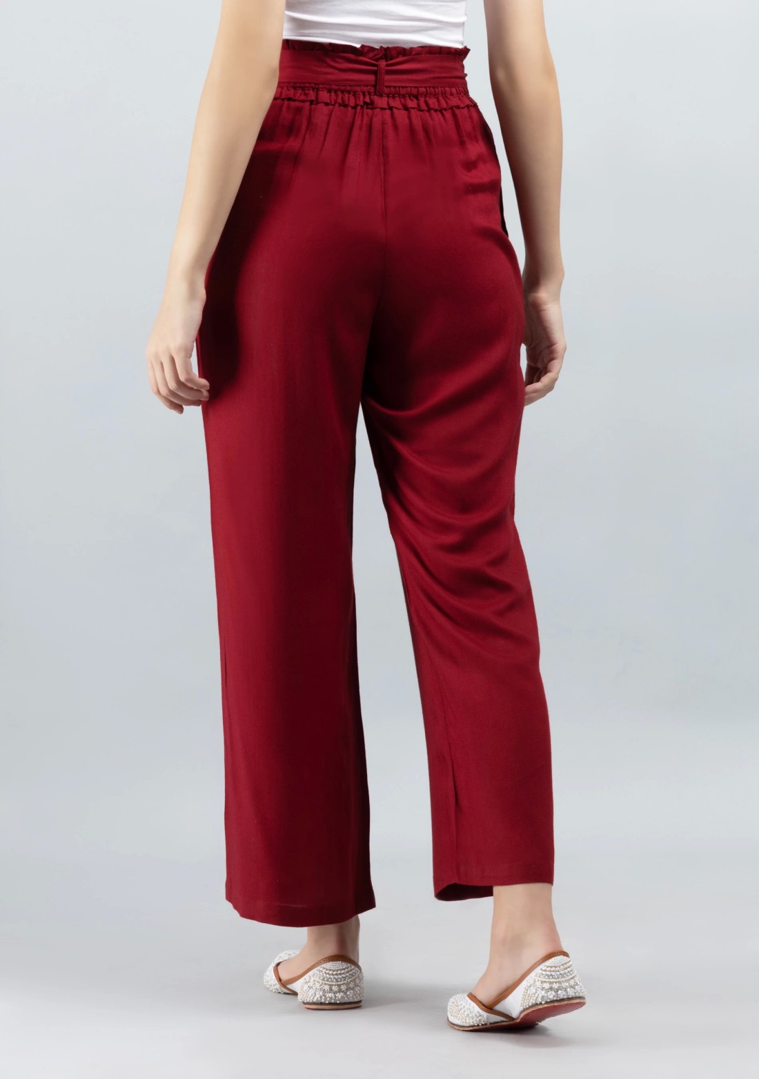 Maroon Solid Viscose Rayon Ruffled Belt Palazzo Pants