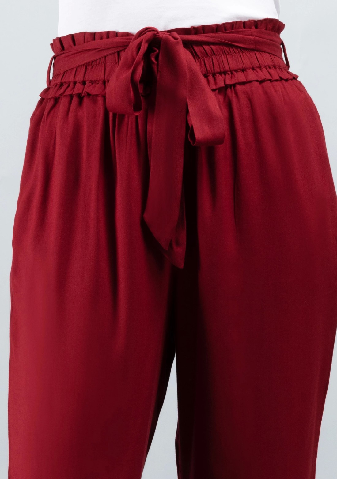 Maroon Solid Viscose Rayon Ruffled Belt Palazzo Pants