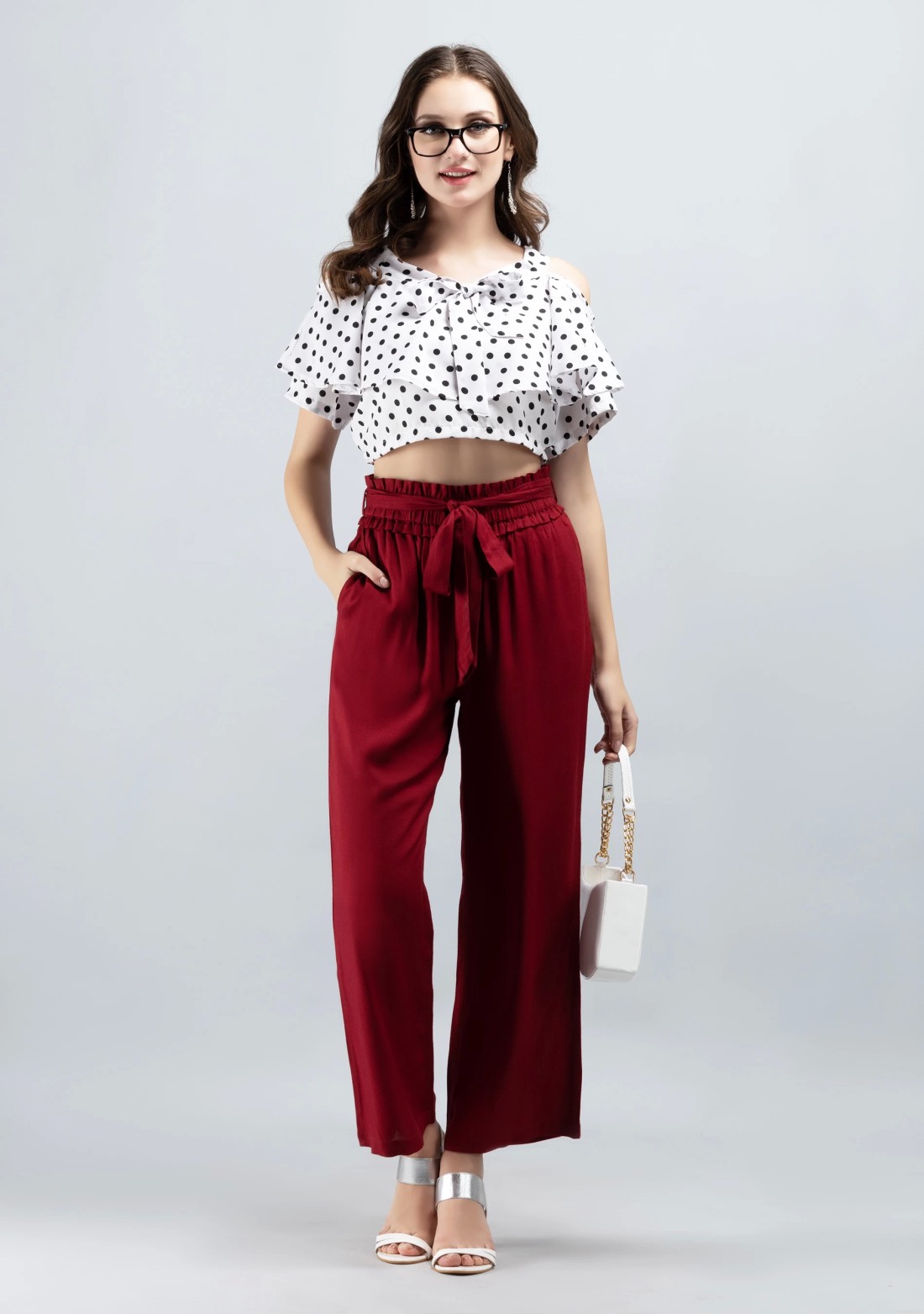 Maroon Solid Viscose Rayon Ruffled Belt Palazzo Pants