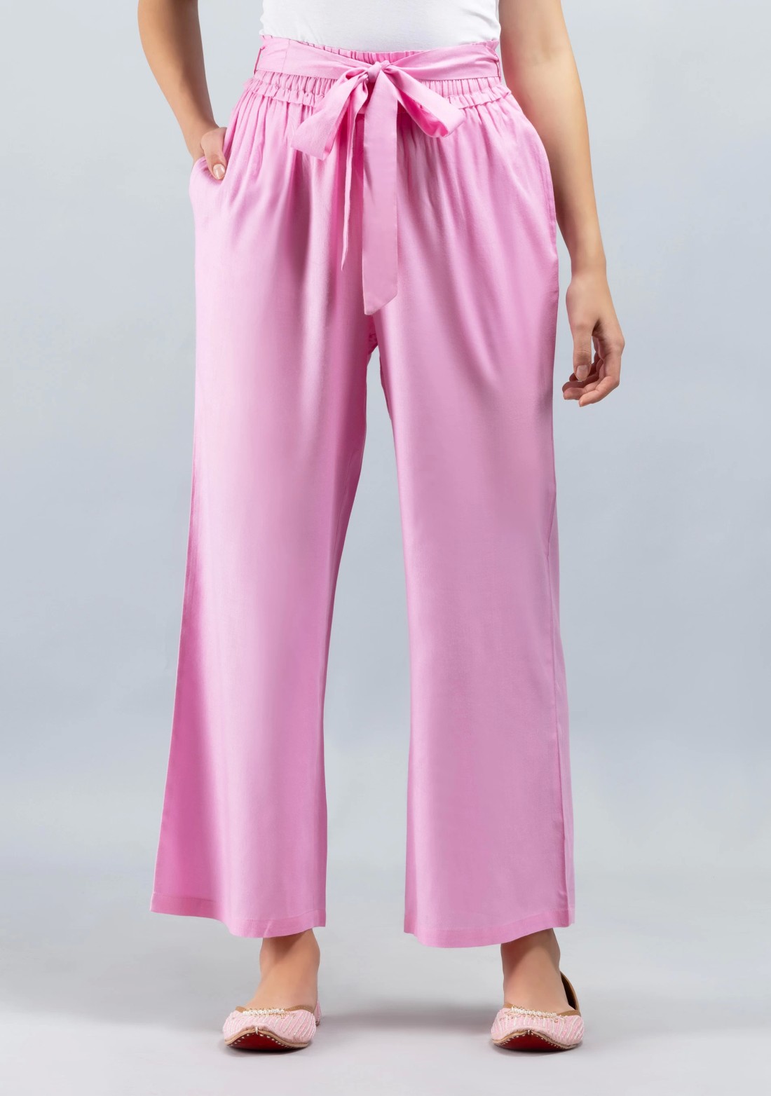 Pink Solid Viscose Rayon Ruffled Belt  Palazzo Pants