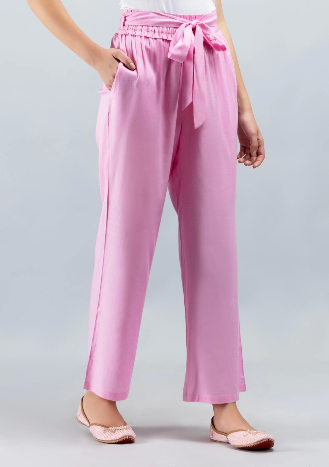 Pink Solid Viscose Rayon Ruffled Belt  Palazzo Pants