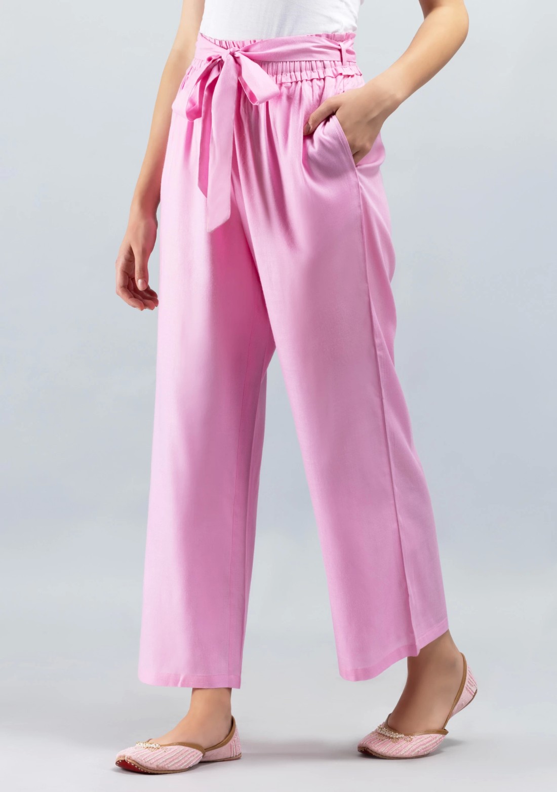 Pink Solid Viscose Rayon Ruffled Belt  Palazzo Pants