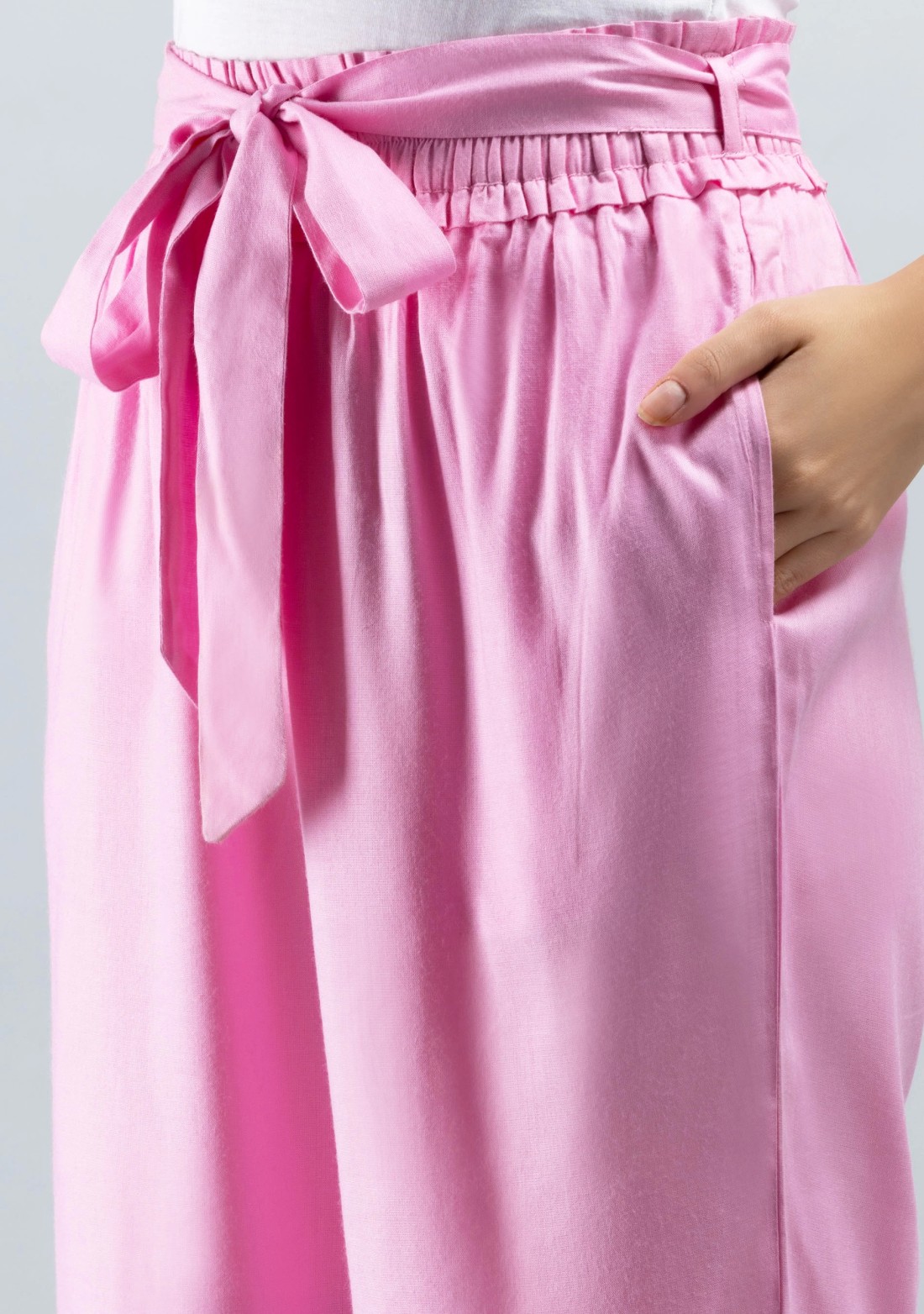 Pink Solid Viscose Rayon Ruffled Belt  Palazzo Pants