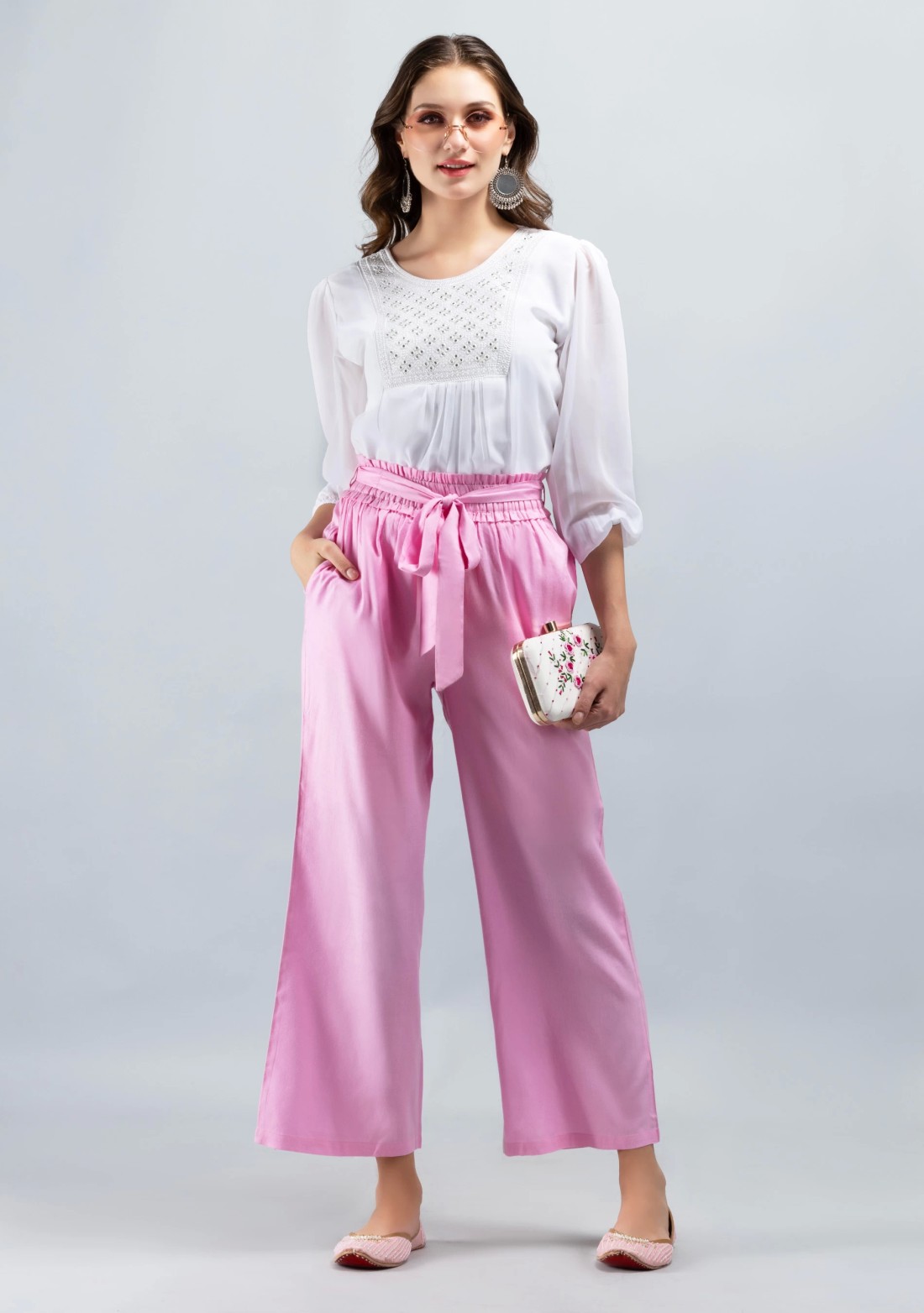 Pink Solid Viscose Rayon Ruffled Belt  Palazzo Pants