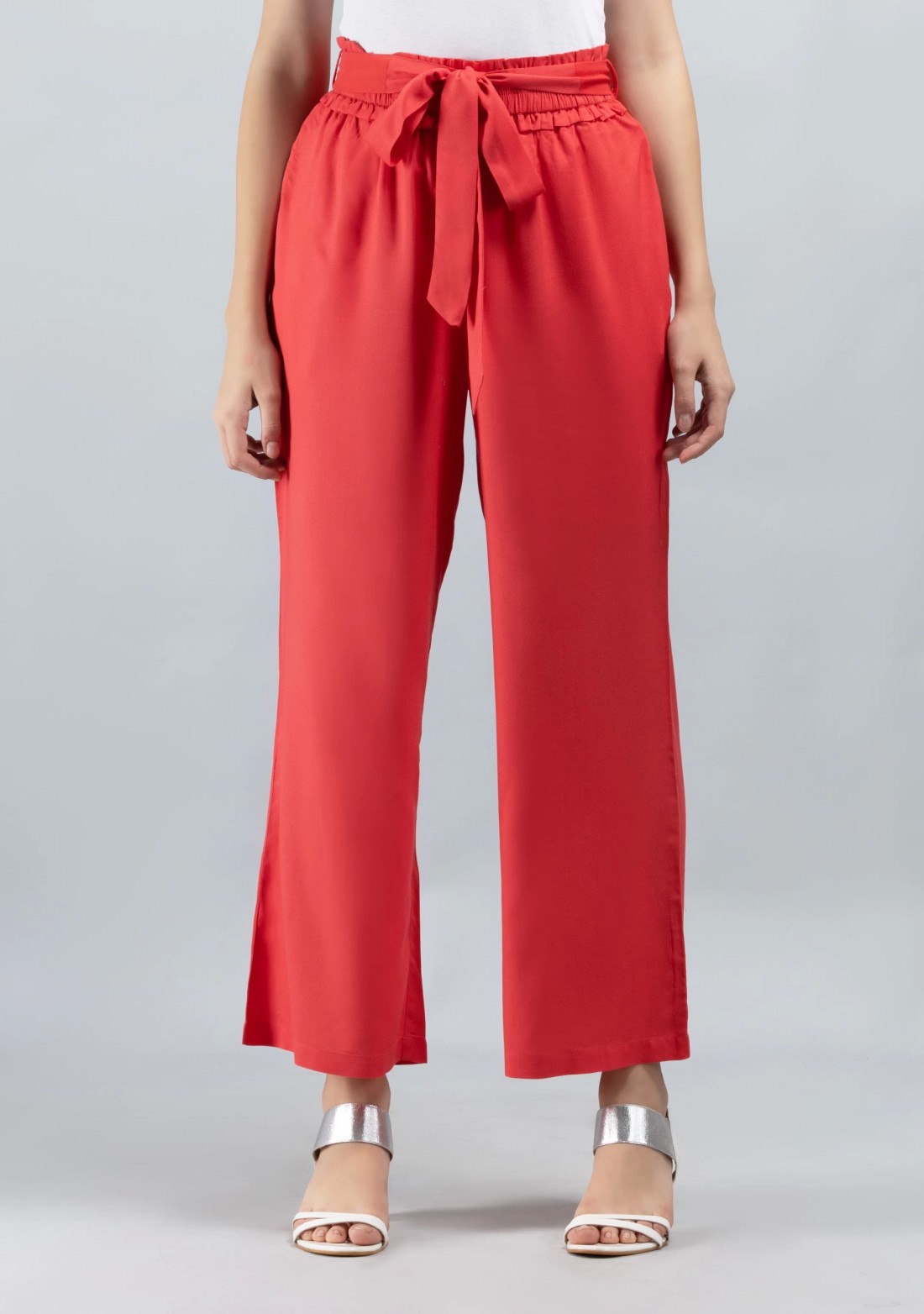 Coral  Solid Viscose Rayon Ruffled Belt Palazzo Pants