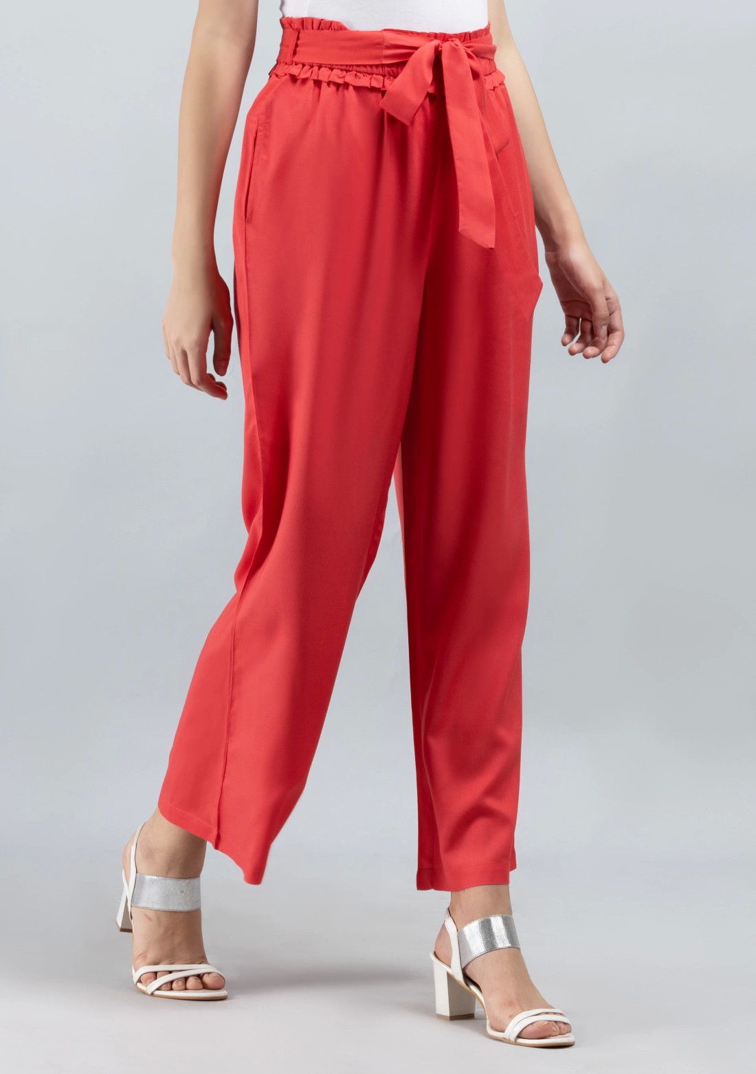 Coral  Solid Viscose Rayon Ruffled Belt Palazzo Pants