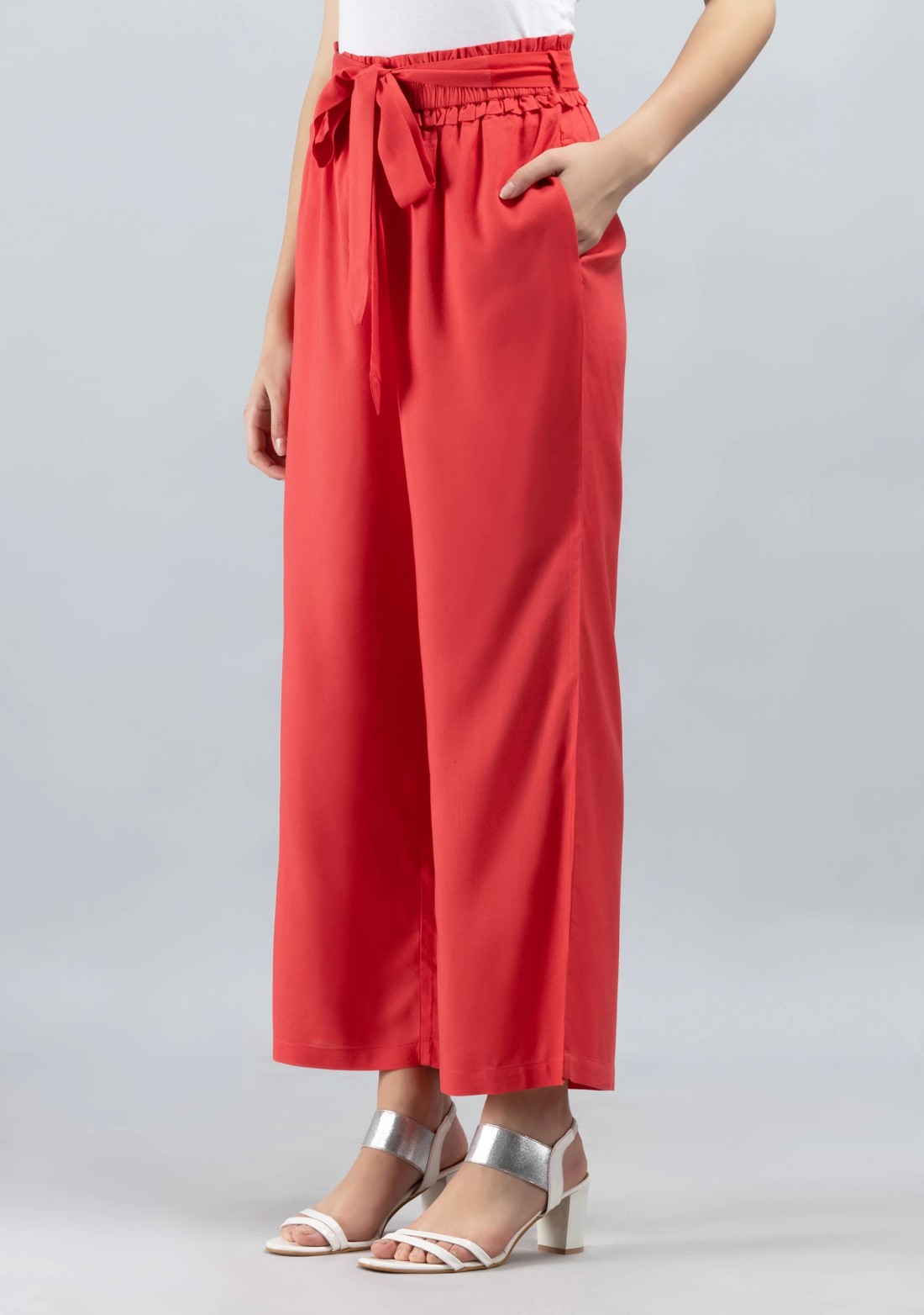 Coral  Solid Viscose Rayon Ruffled Belt Palazzo Pants