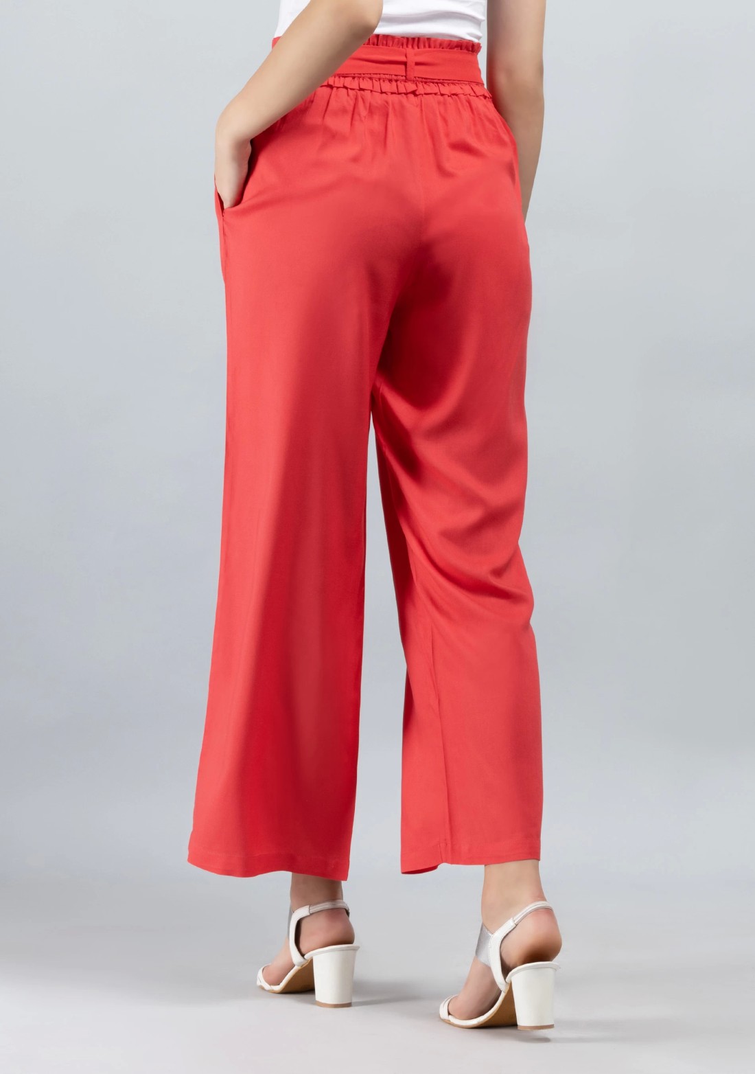 Coral  Solid Viscose Rayon Ruffled Belt Palazzo Pants