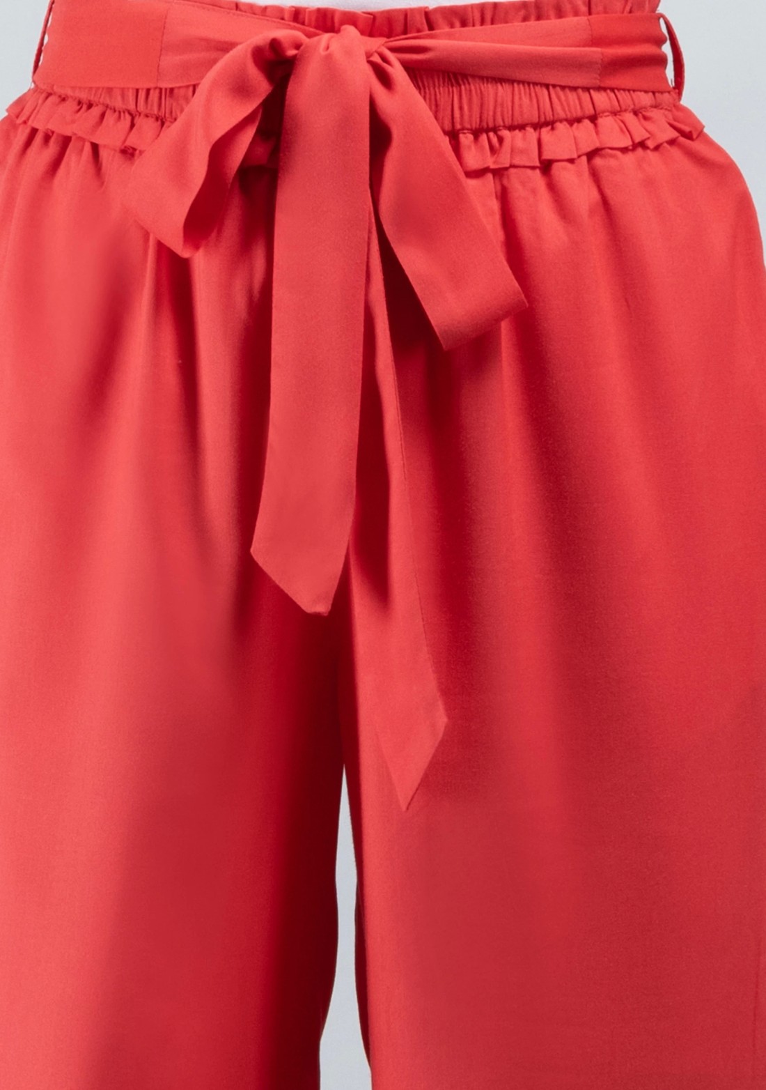 Coral  Solid Viscose Rayon Ruffled Belt Palazzo Pants