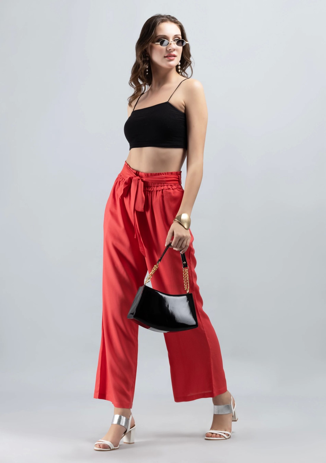 Coral  Solid Viscose Rayon Ruffled Belt Palazzo Pants