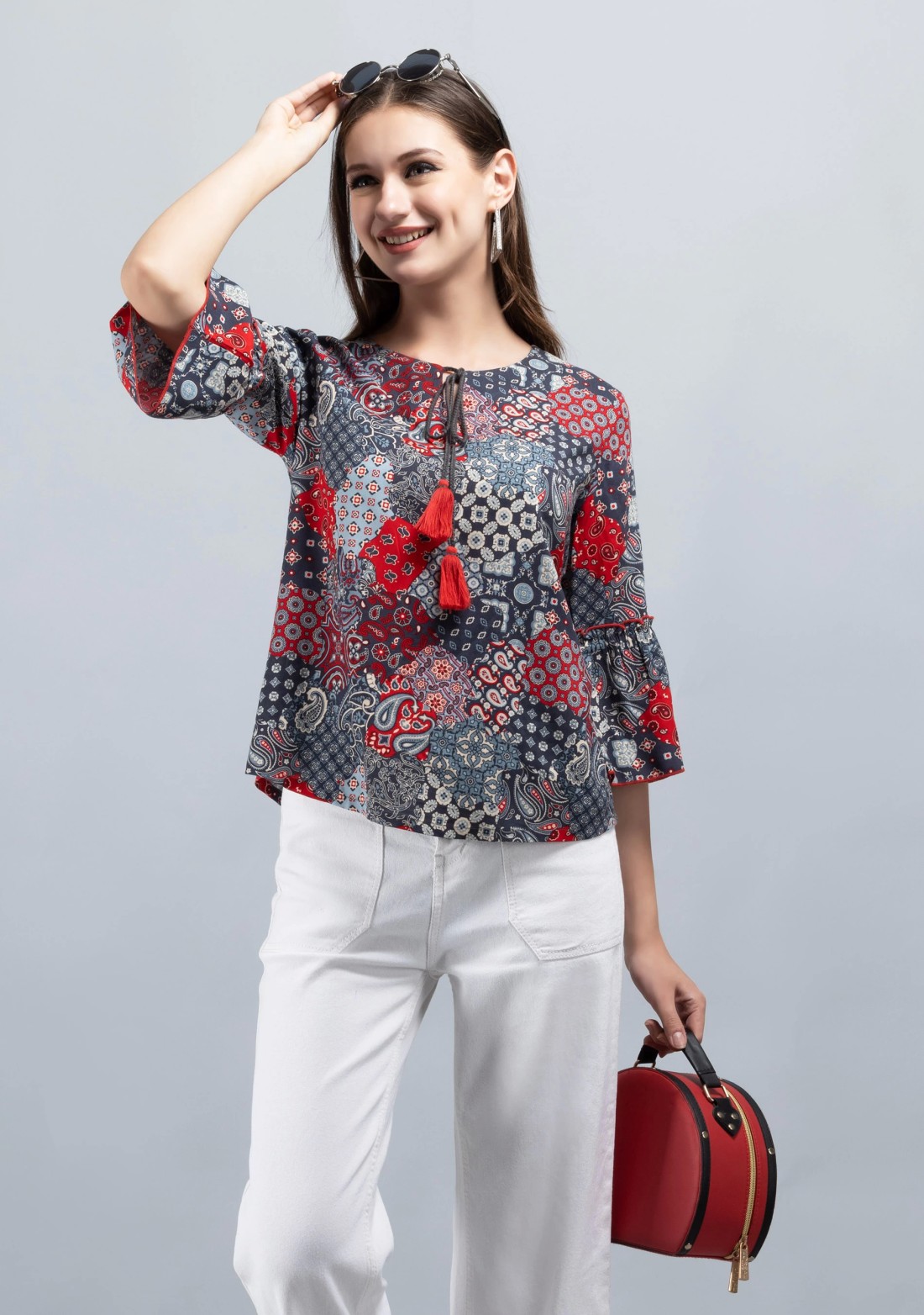 Grey & Red Patch Printed Viscose Rayon Tunic Top