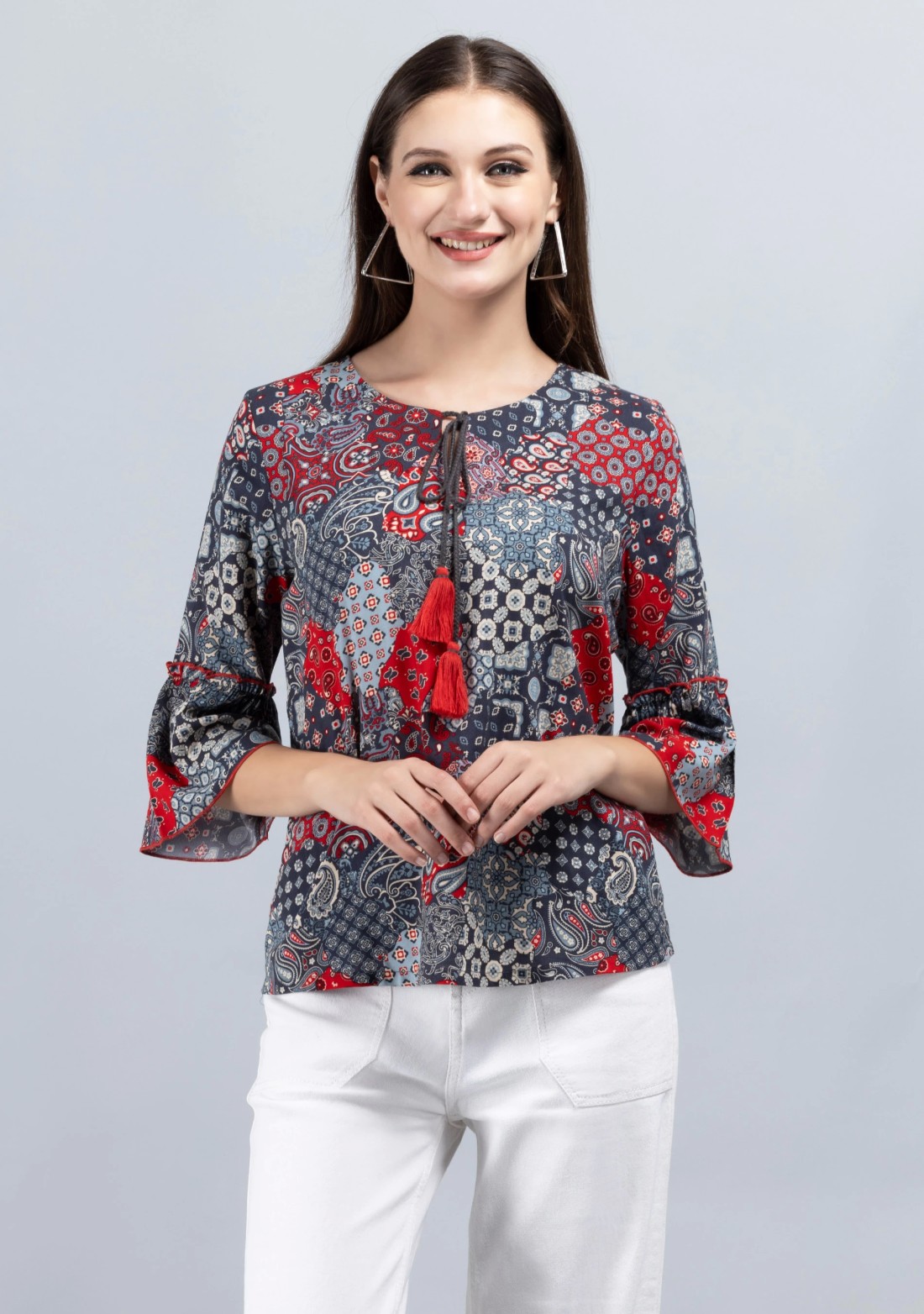 Grey & Red Patch Printed Viscose Rayon Tunic Top