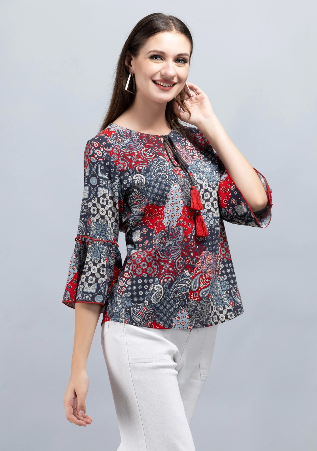 Grey & Red Patch Printed Viscose Rayon Tunic Top