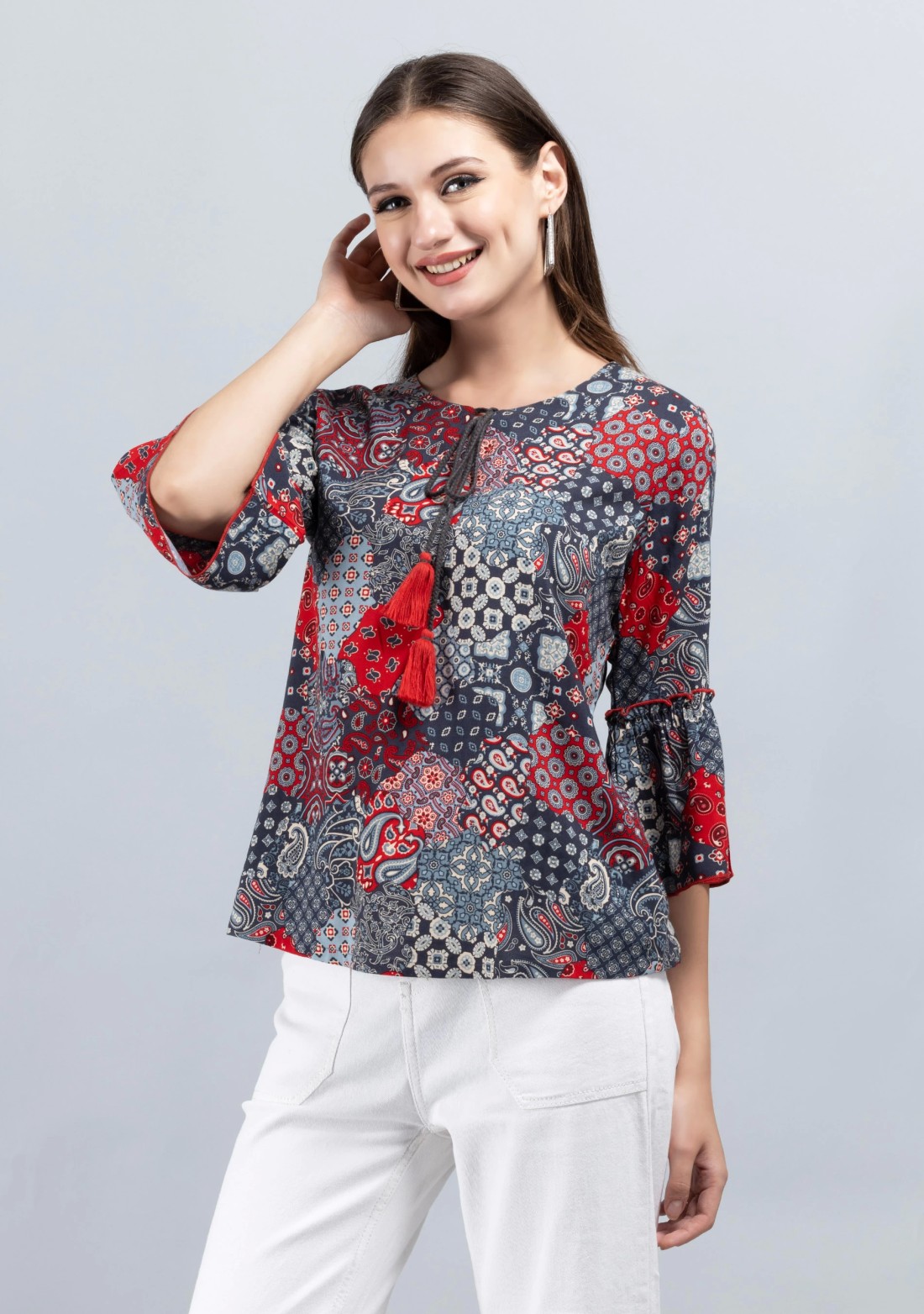 Grey & Red Patch Printed Viscose Rayon Tunic Top