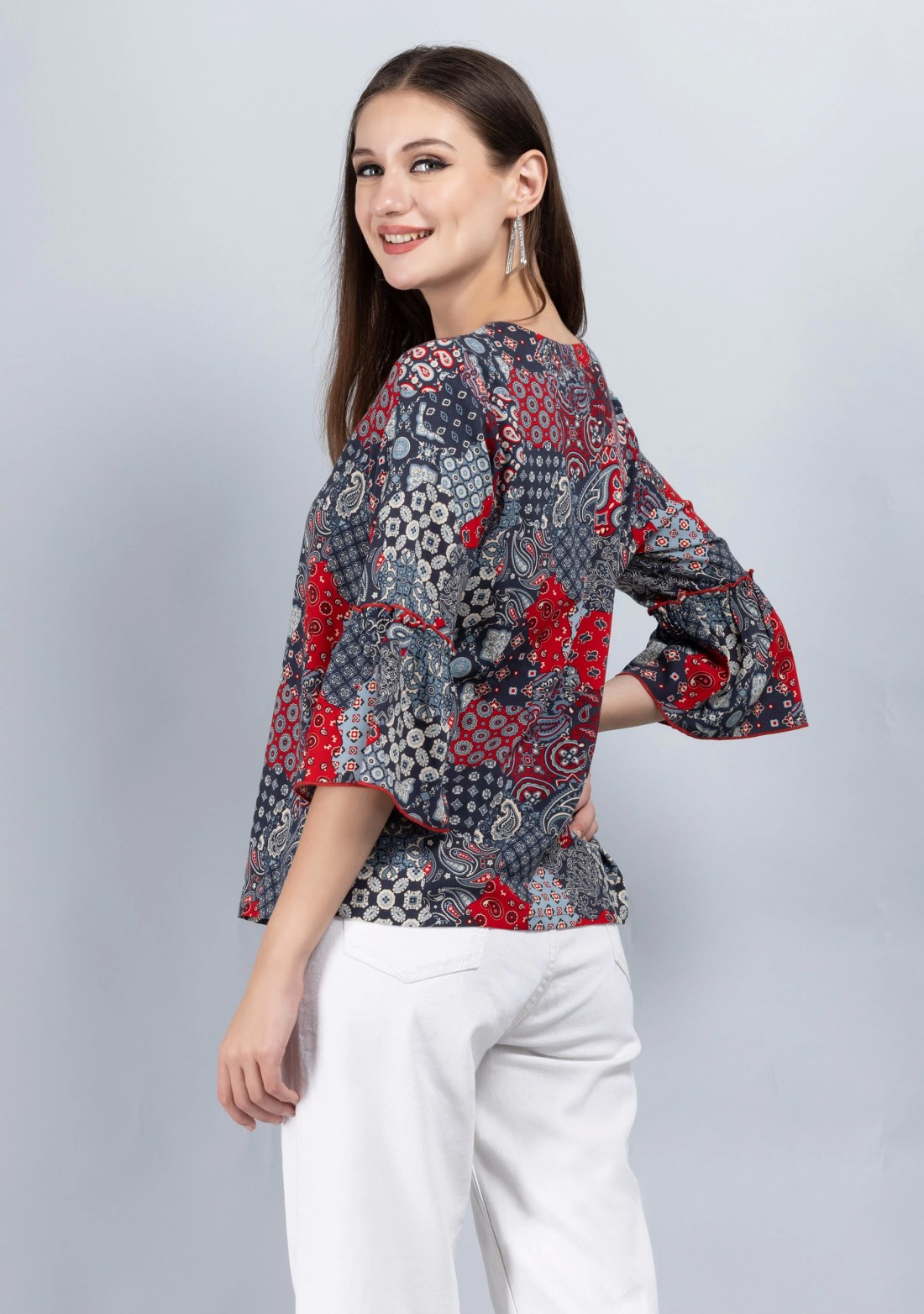 Grey & Red Patch Printed Viscose Rayon Tunic Top