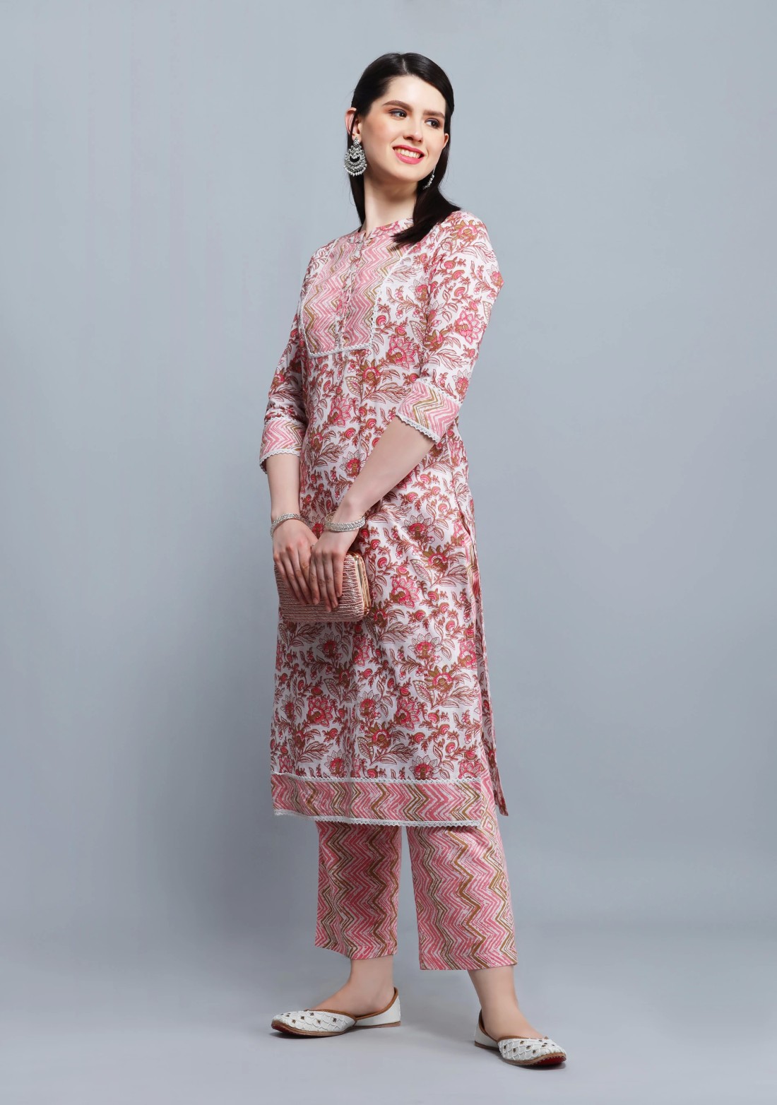 Pink & White Printed Cotton  Straight Kurta