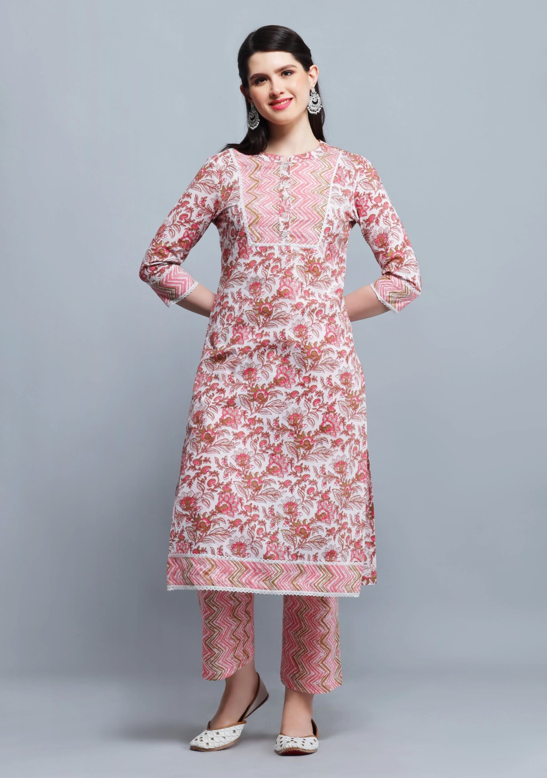 Pink & White Printed Cotton  Straight Kurta