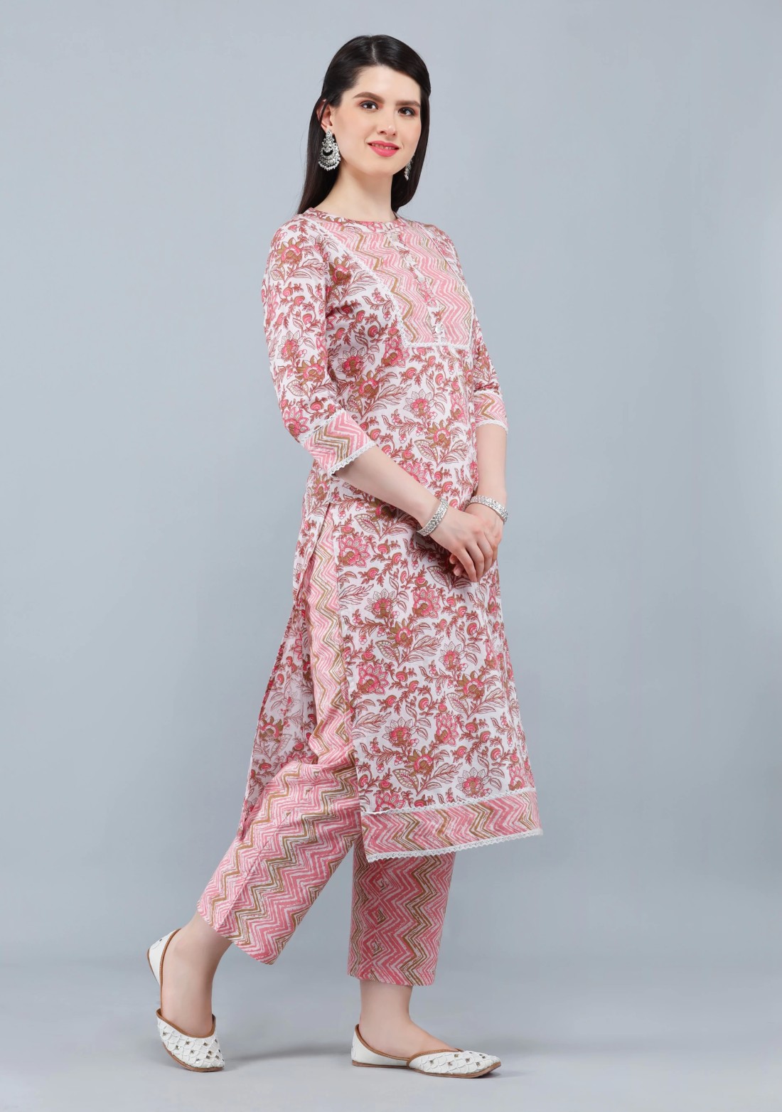 Pink & White Printed Cotton  Straight Kurta