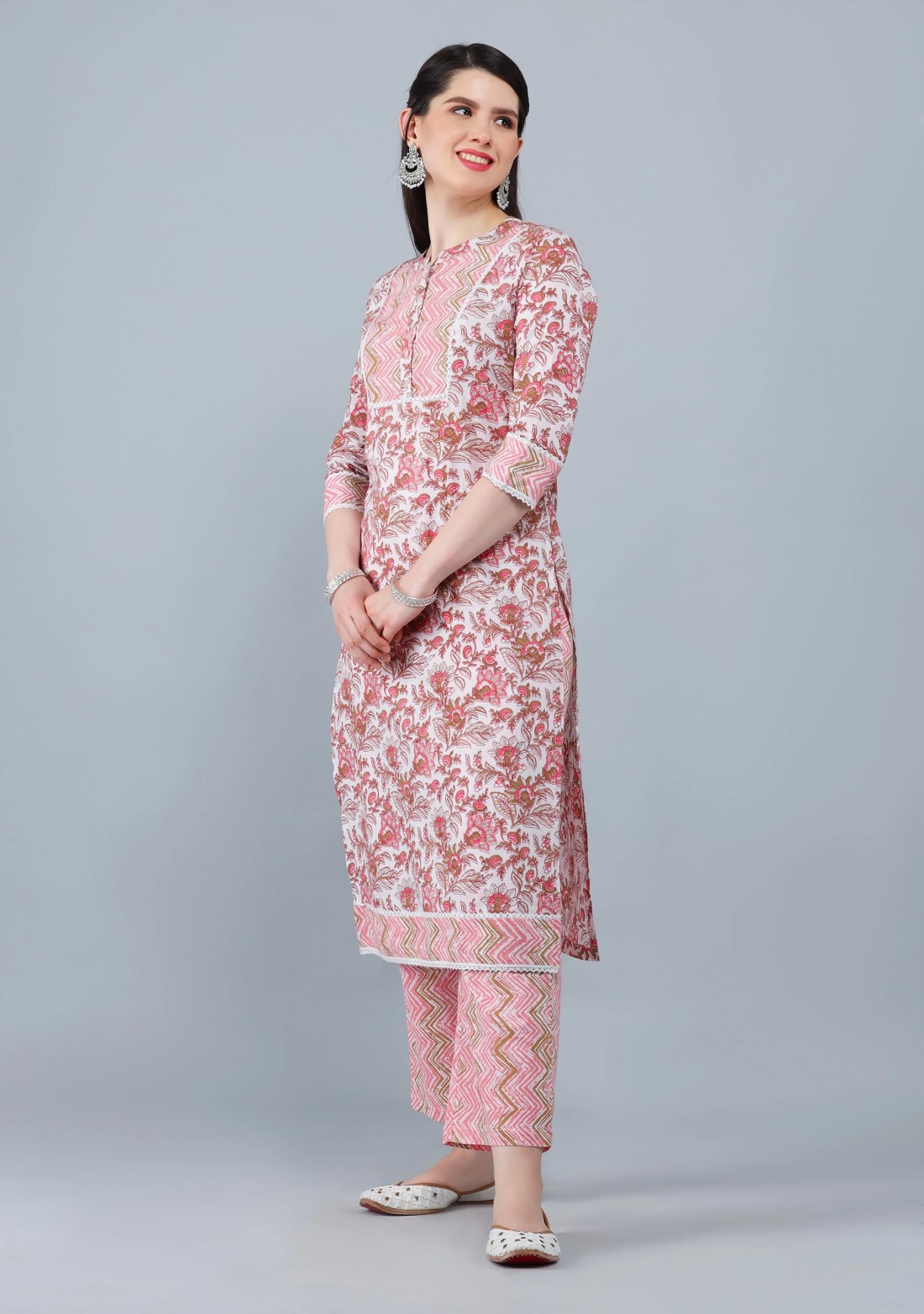 Pink & White Printed Cotton  Straight Kurta