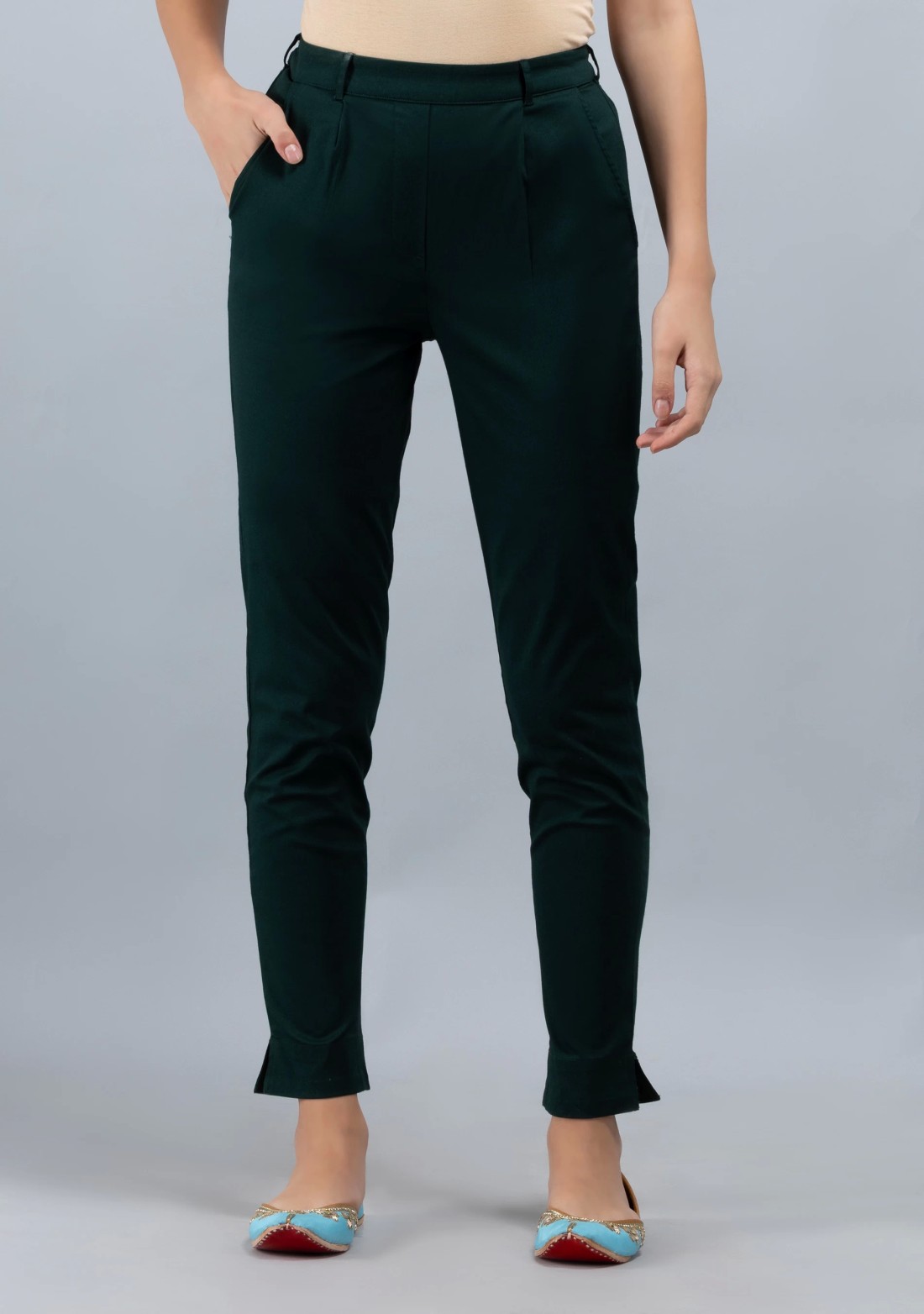 Dark Green  Cotton Lycra Narrow Hem Pants