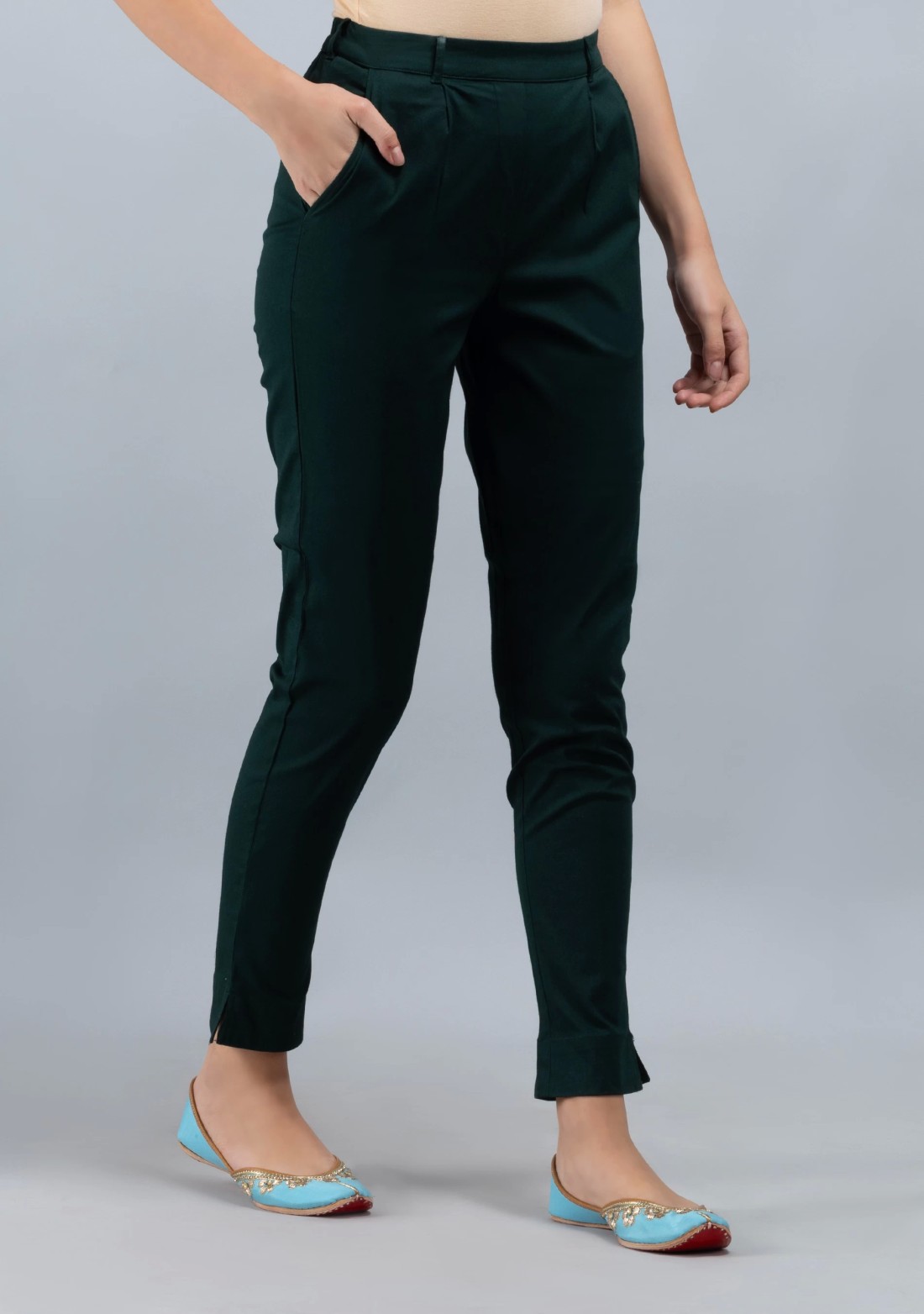 Dark Green  Cotton Lycra Narrow Hem Pants