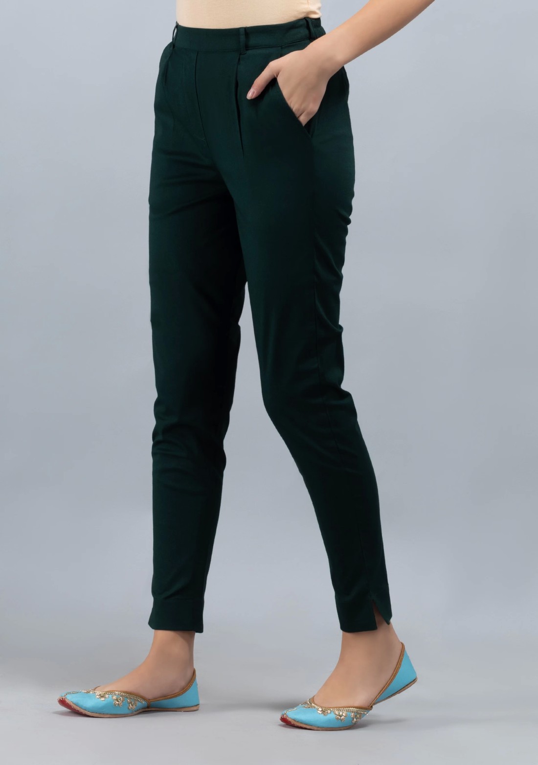 Dark Green  Cotton Lycra Narrow Hem Pants