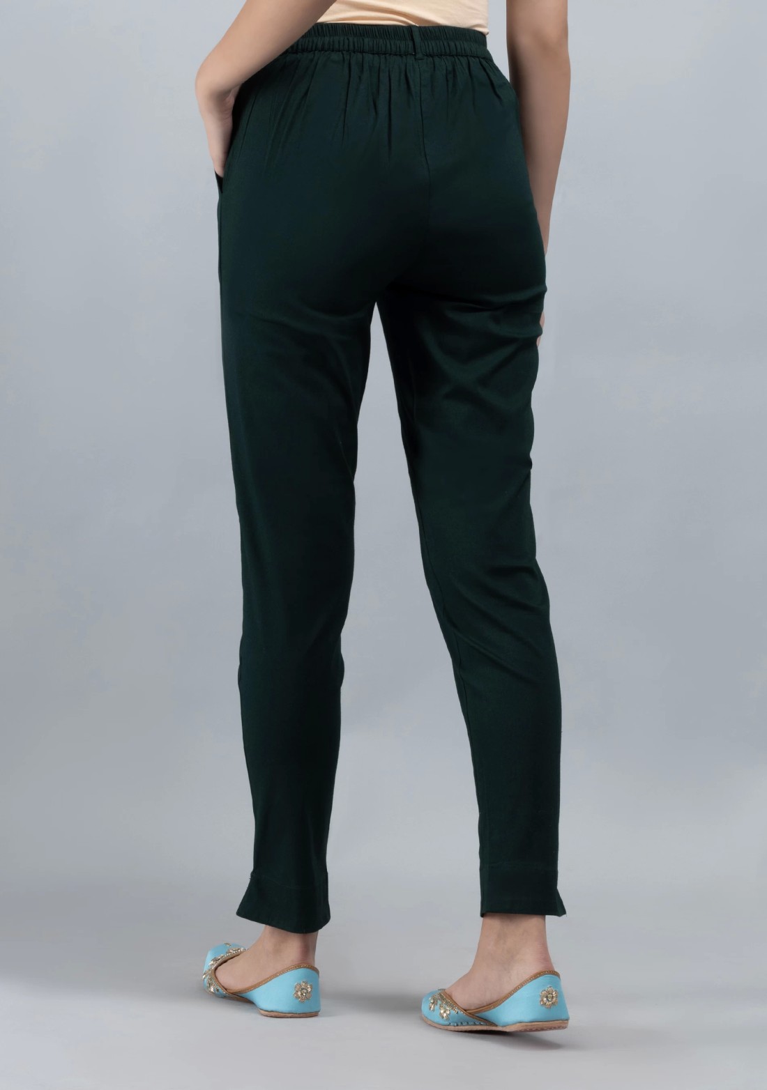 Dark Green  Cotton Lycra Narrow Hem Pants