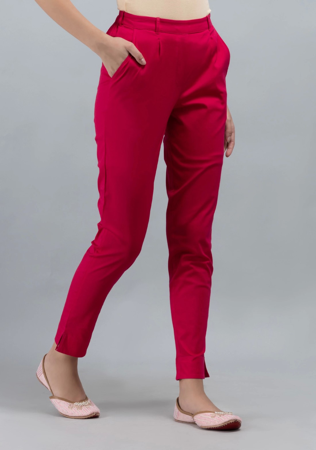 Hot Pink Cotton Lycra Narrow Hem Pants