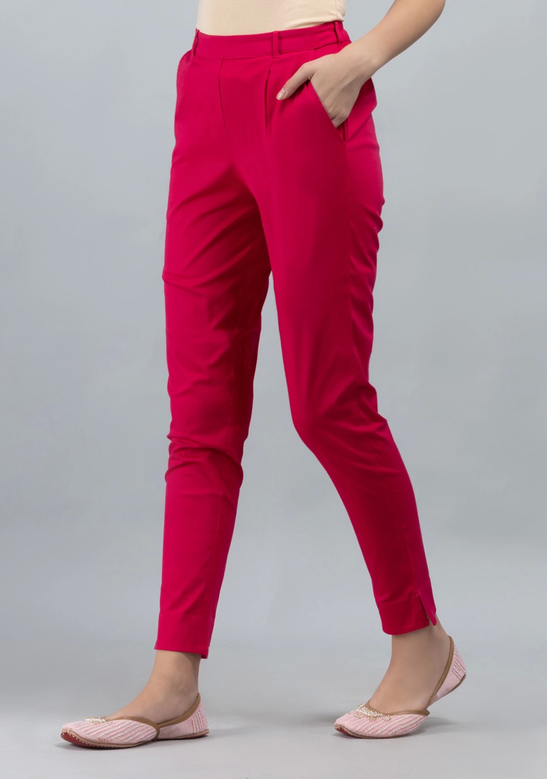 Hot Pink Cotton Lycra Narrow Hem Pants