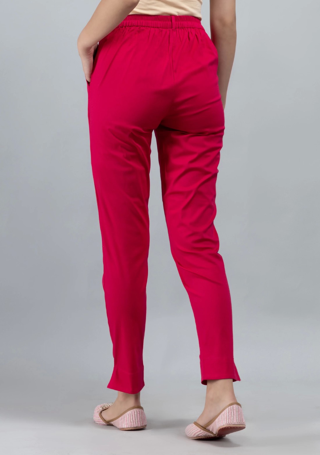 Hot Pink Cotton Lycra Narrow Hem Pants