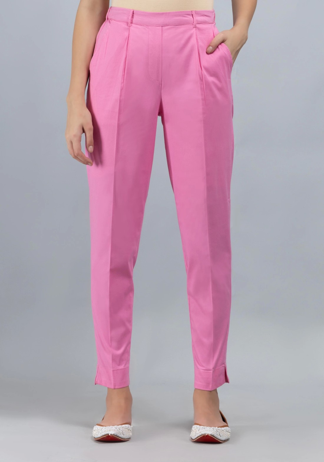 Pink Cotton Lycra Narrow Hem Pants