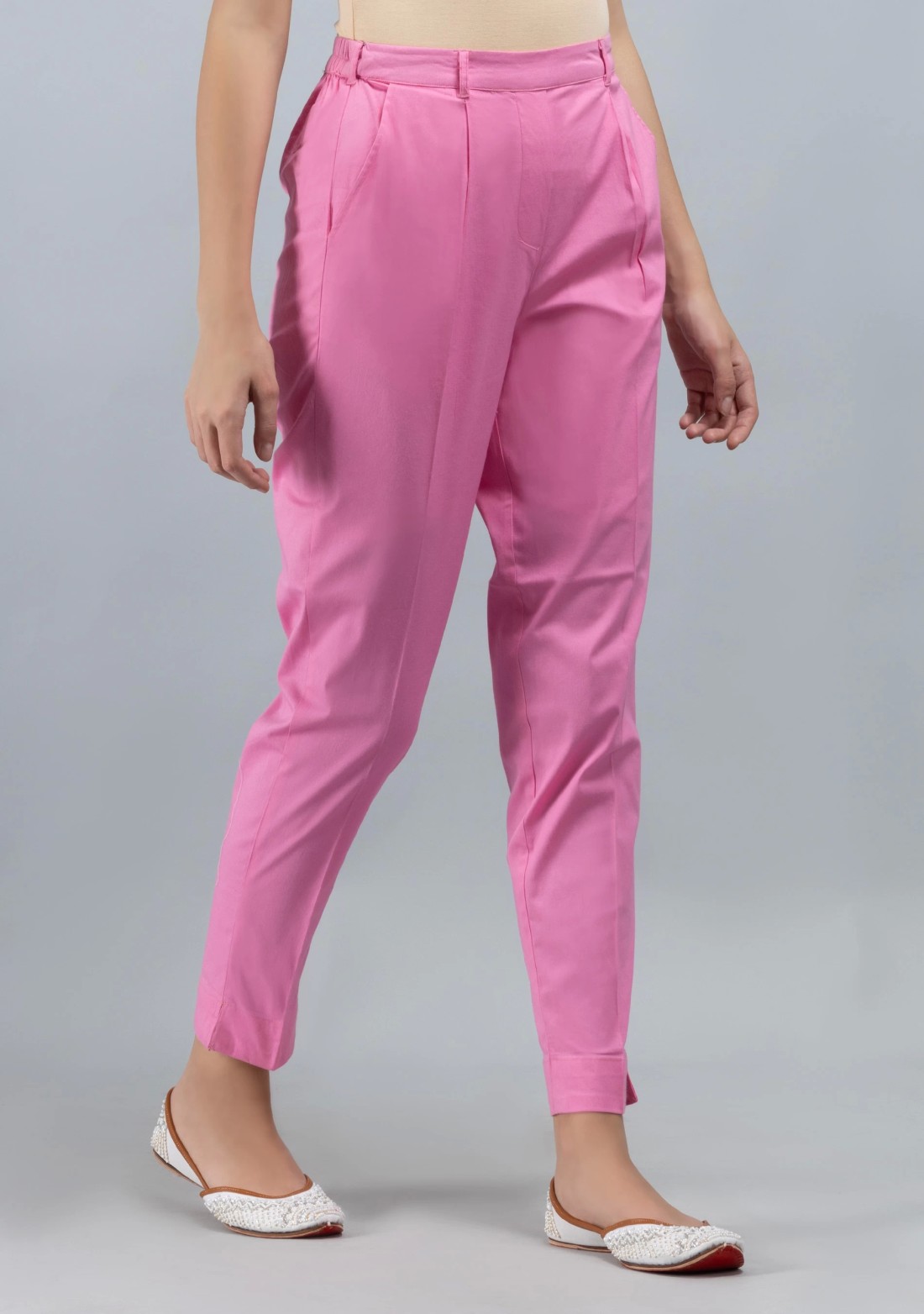 Pink Cotton Lycra Narrow Hem Pants