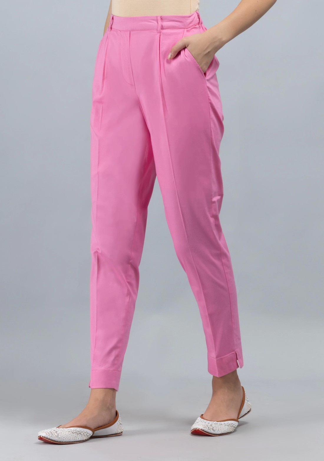 Pink Cotton Lycra Narrow Hem Pants