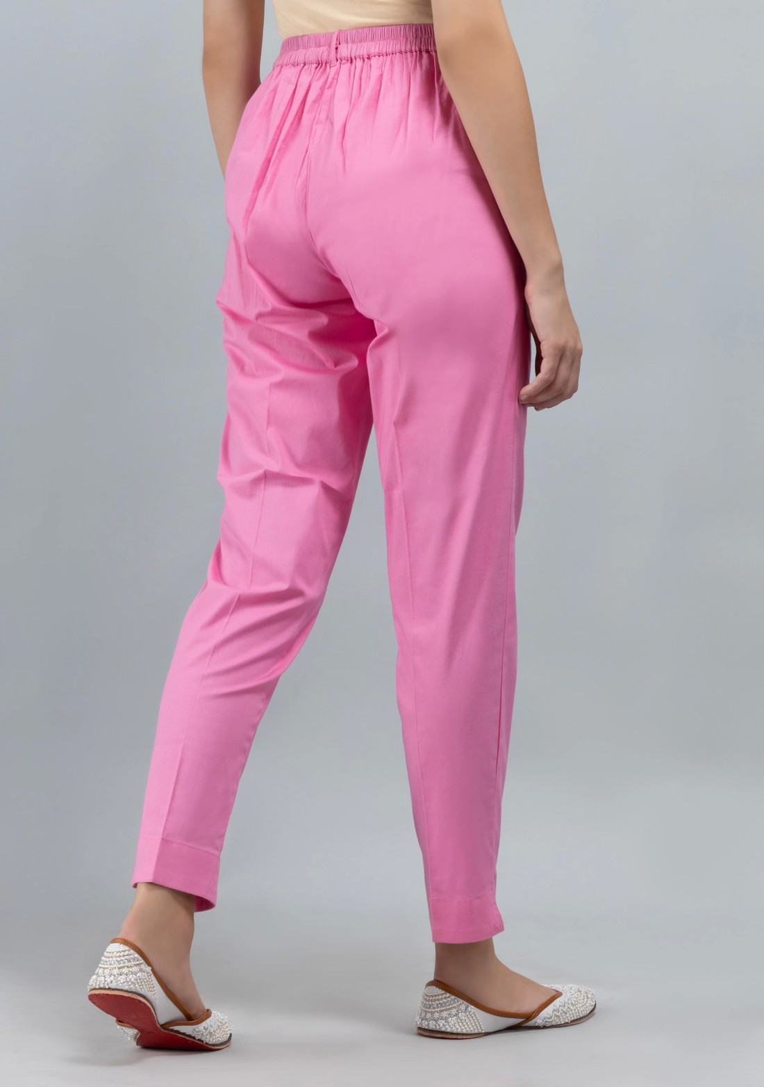 Pink Cotton Lycra Narrow Hem Pants