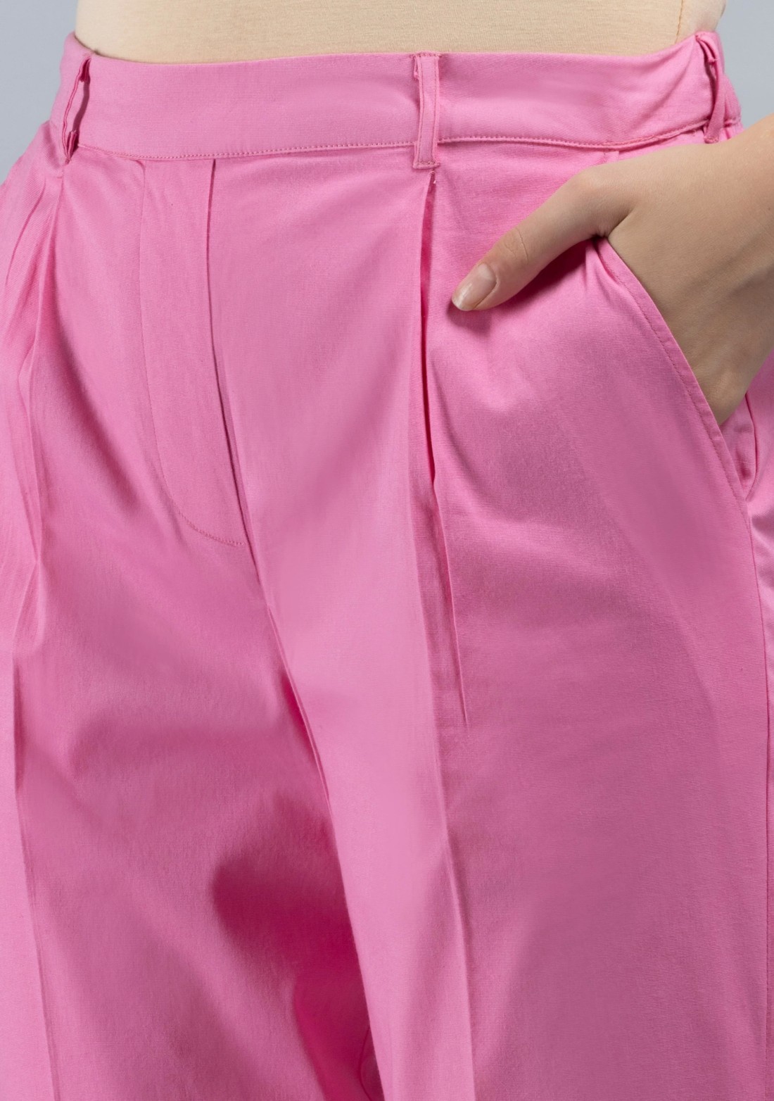 Pink Cotton Lycra Narrow Hem Pants