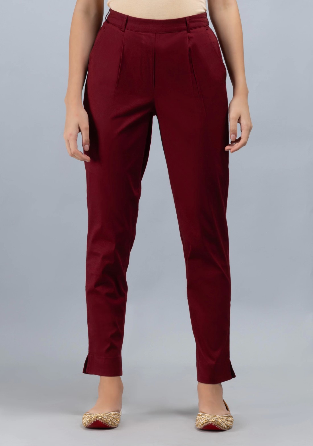 Maroon Cotton Lycra Narrow Hem Pants