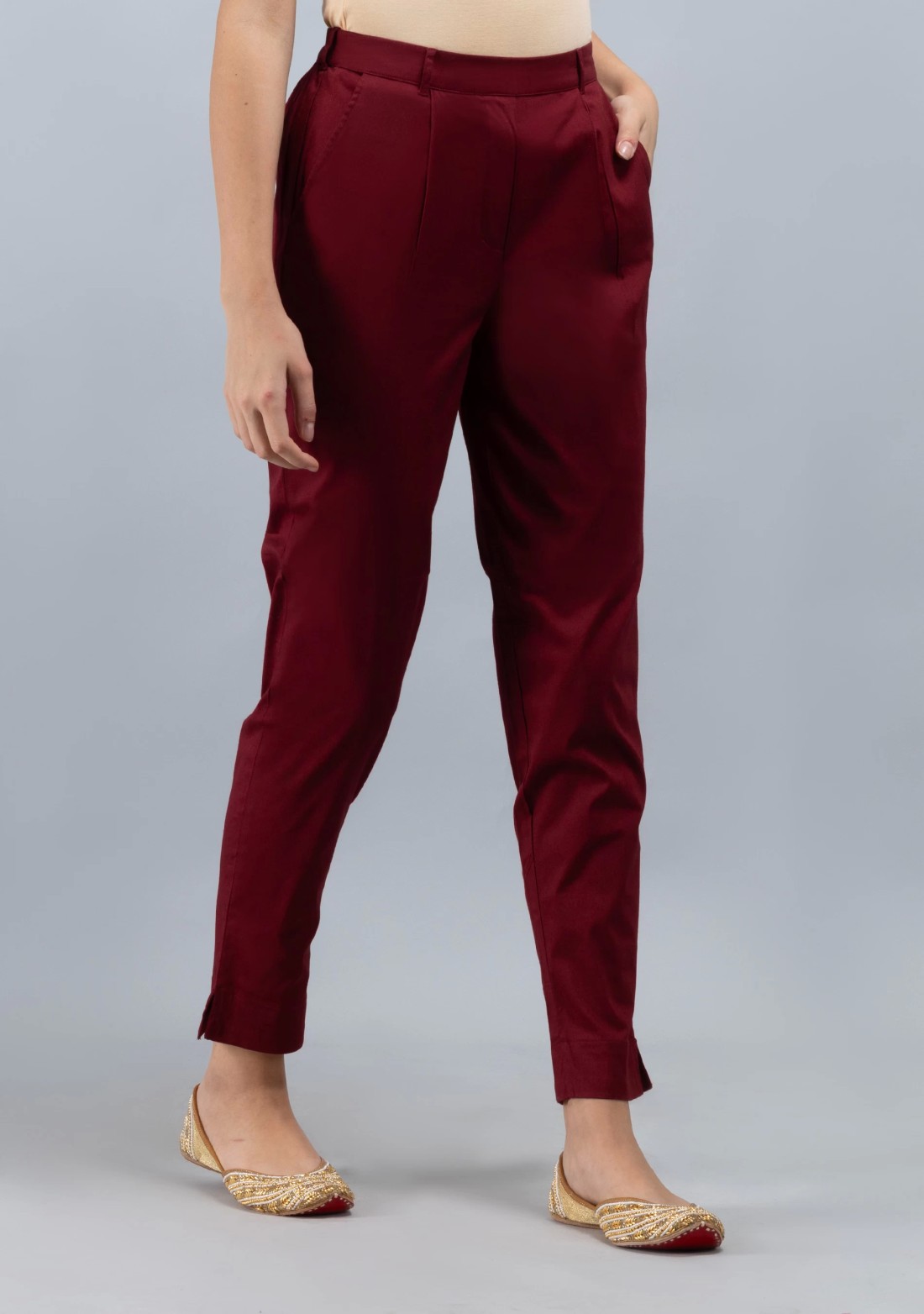 Maroon Cotton Lycra Narrow Hem Pants