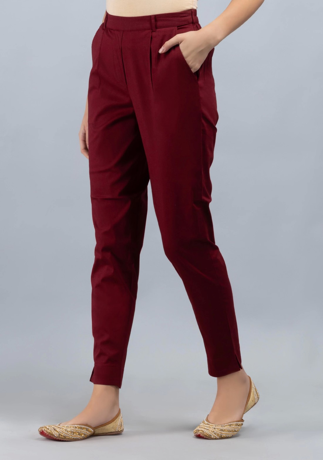 Maroon Cotton Lycra Narrow Hem Pants