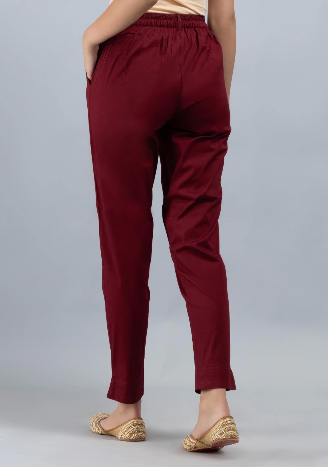 Maroon Cotton Lycra Narrow Hem Pants