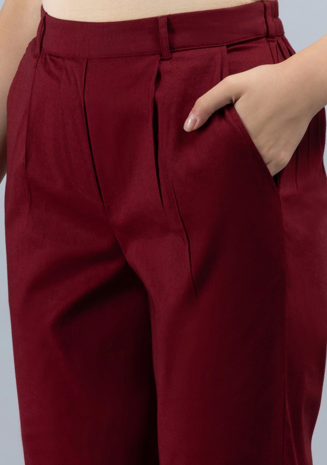 Maroon Cotton Lycra Narrow Hem Pants