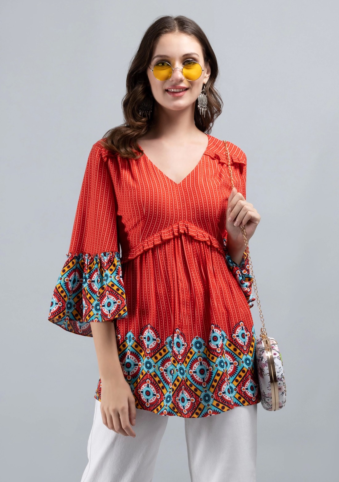 Red & Multi Border Printed Peplum Style Viscose Rayon Tunic Top