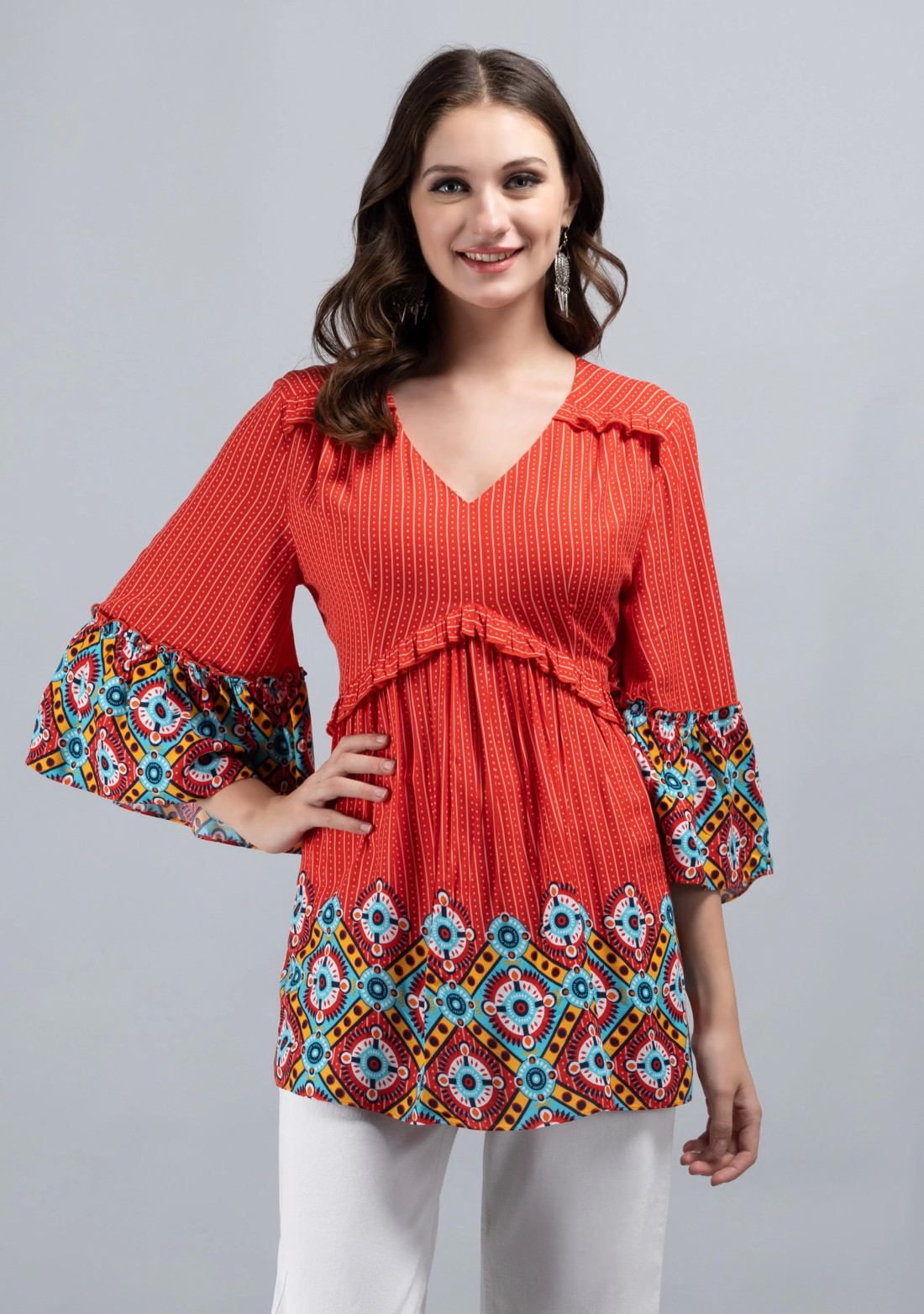 Red & Multi Border Printed Peplum Style Viscose Rayon Tunic Top