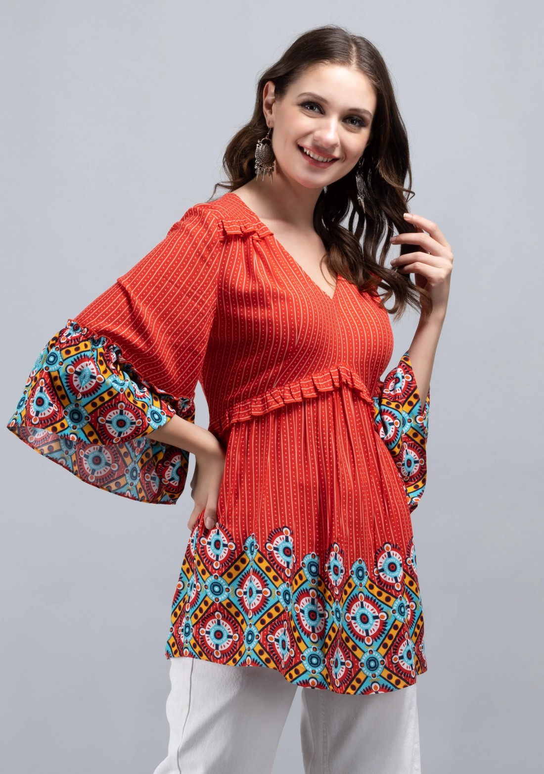 Red & Multi Border Printed Peplum Style Viscose Rayon Tunic Top