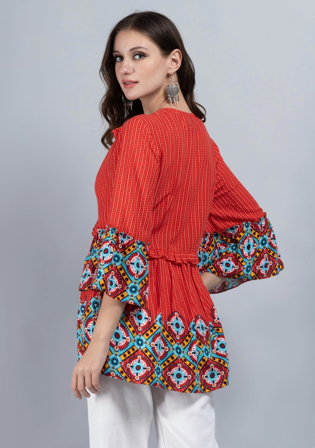 Red & Multi Border Printed Peplum Style Viscose Rayon Tunic Top