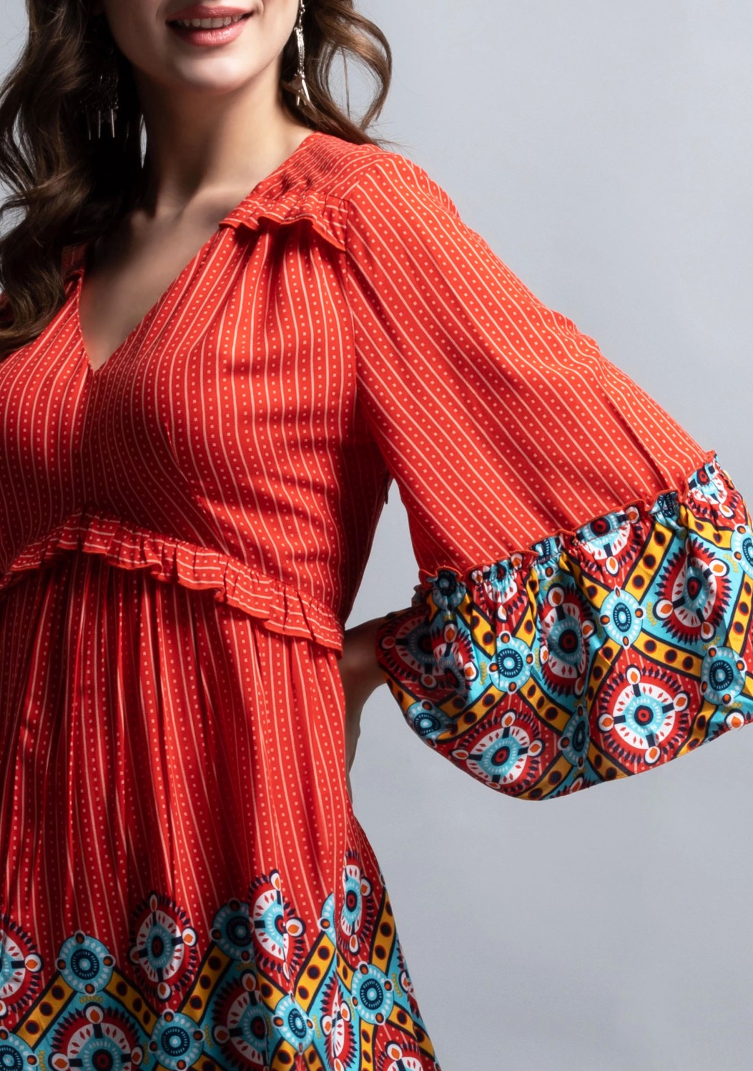 Red & Multi Border Printed Peplum Style Viscose Rayon Tunic Top