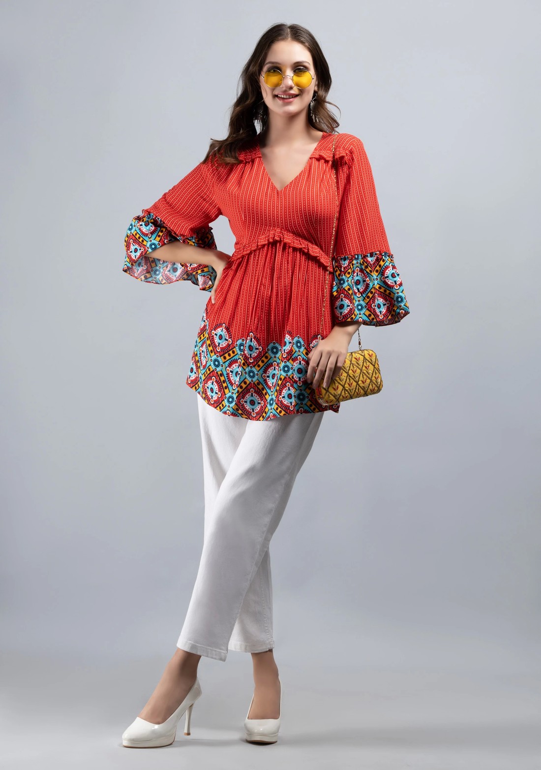 Red & Multi Border Printed Peplum Style Viscose Rayon Tunic Top