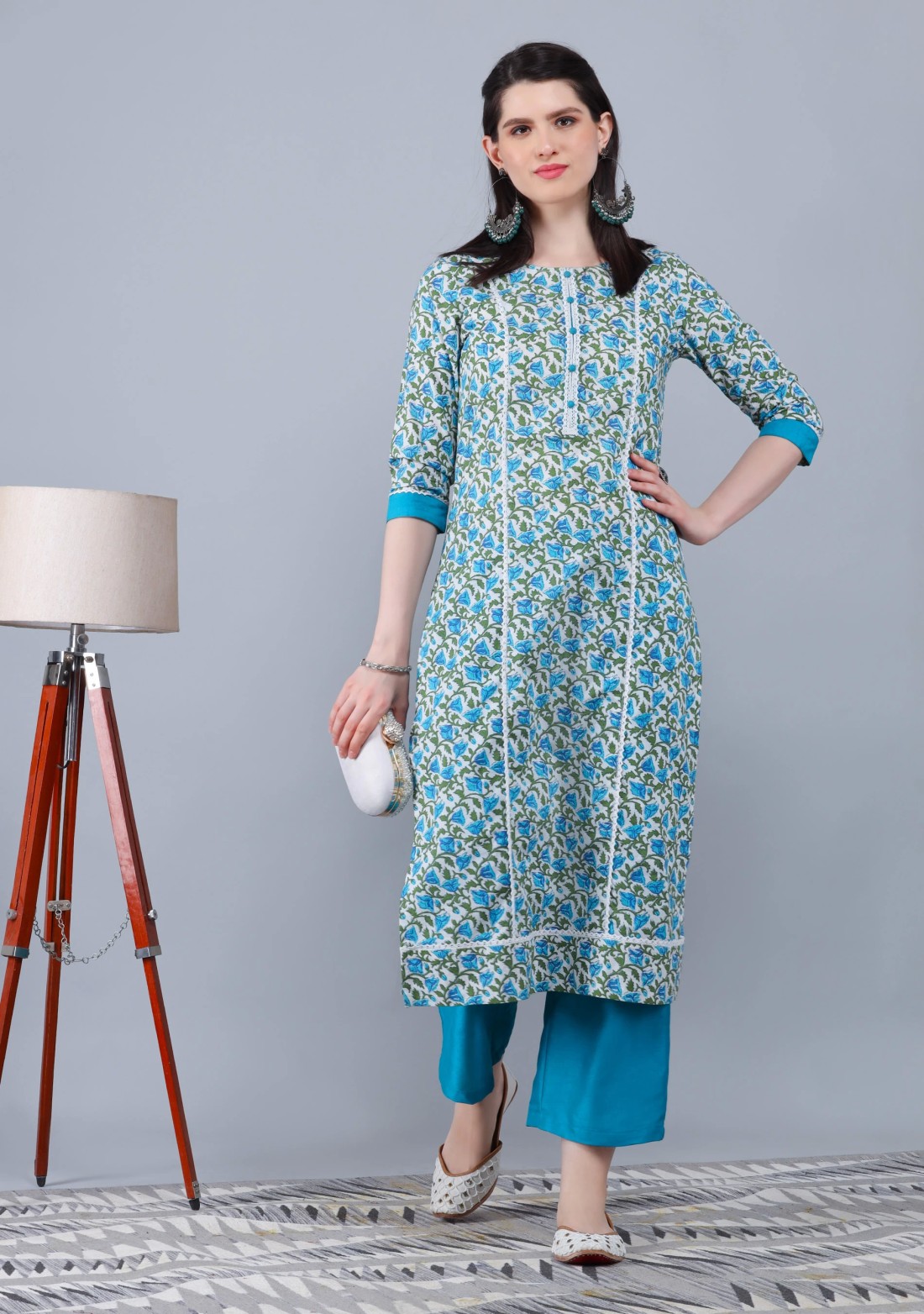 White and Turquoise Printed Cotton  Straight Kurta