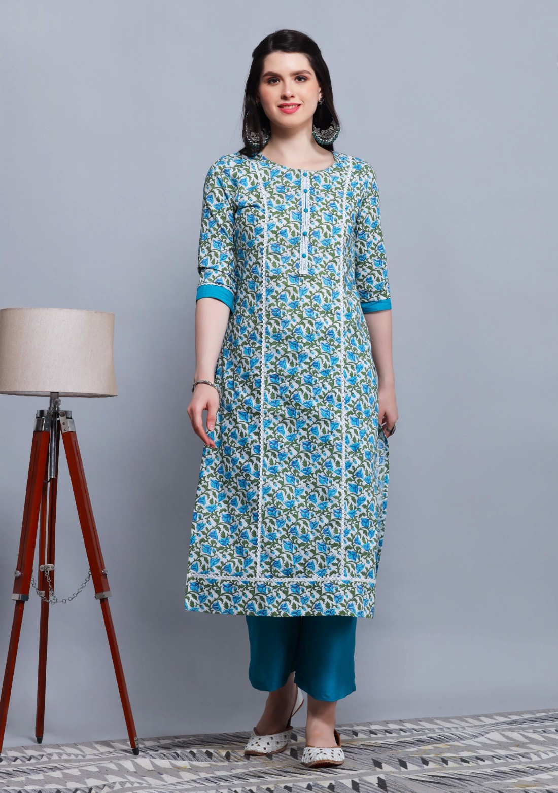 White and Turquoise Printed Cotton  Straight Kurta