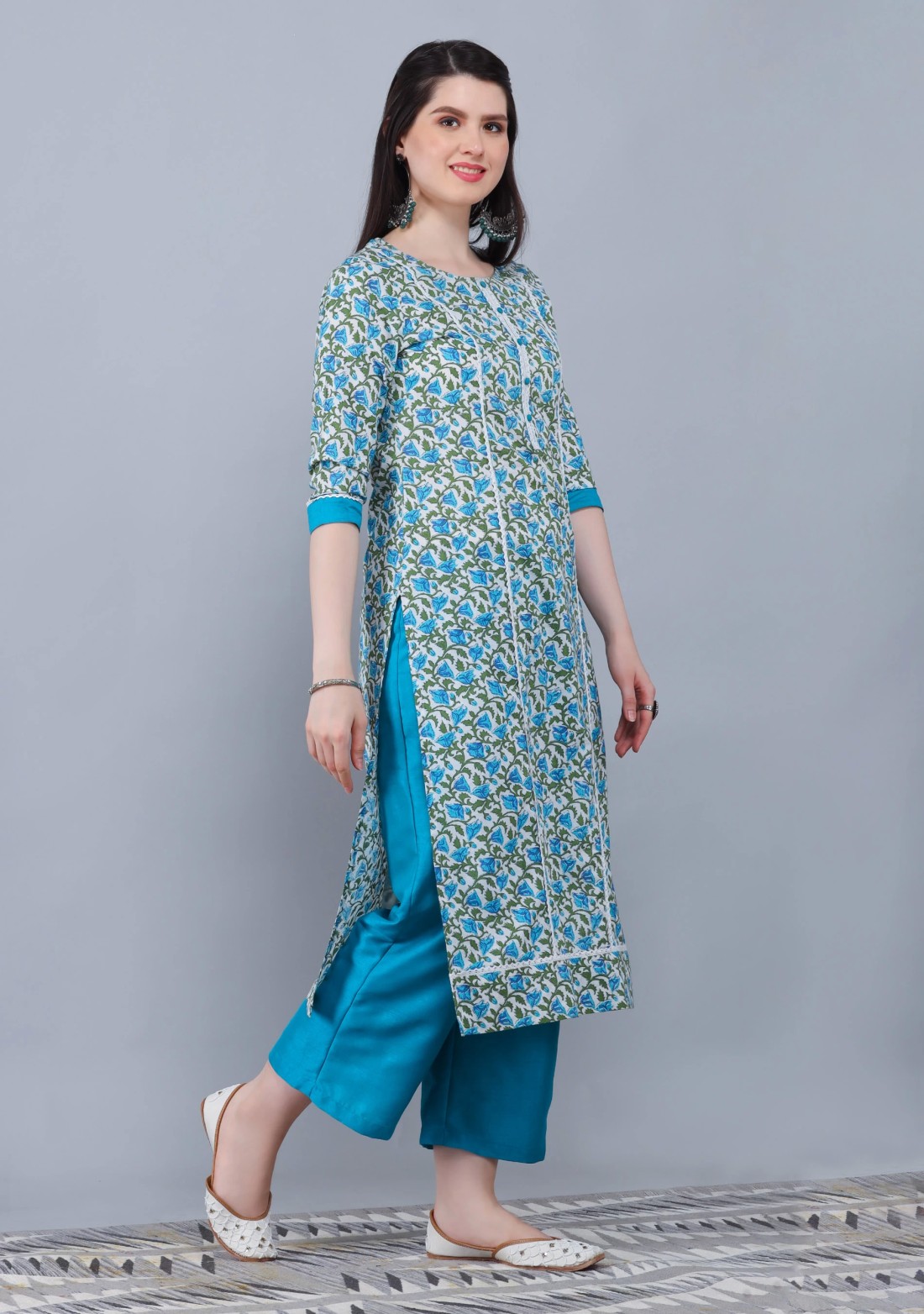 White and Turquoise Printed Cotton  Straight Kurta