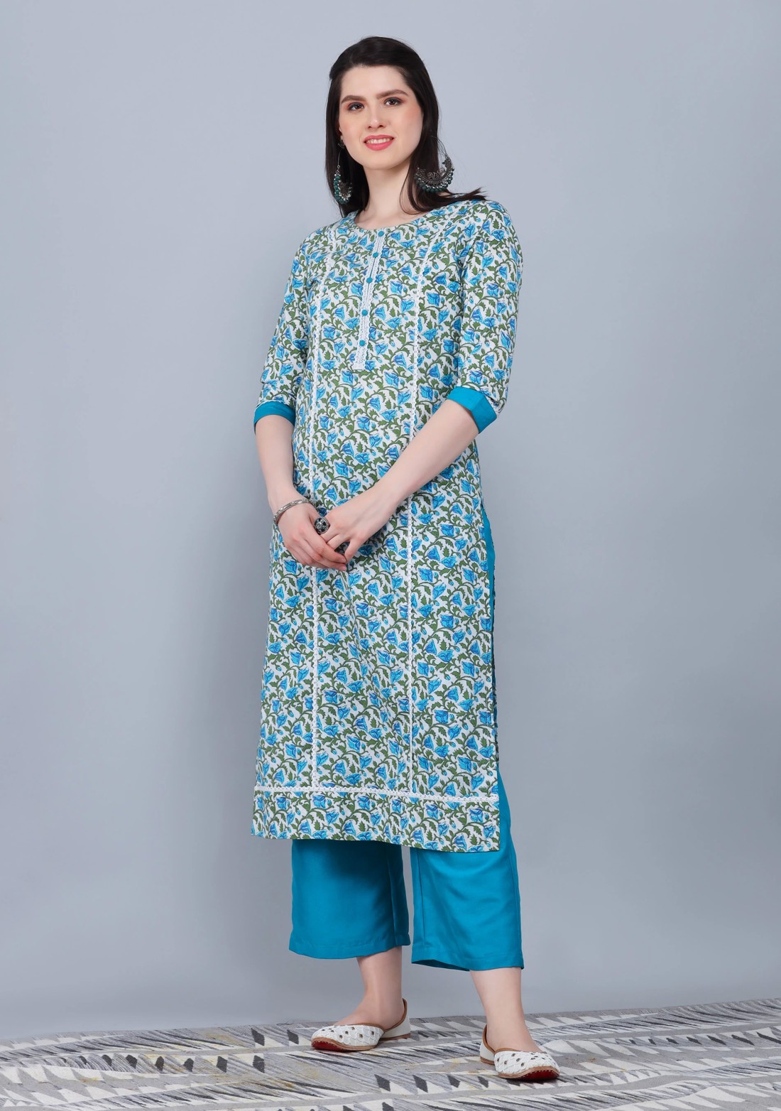 White and Turquoise Printed Cotton  Straight Kurta